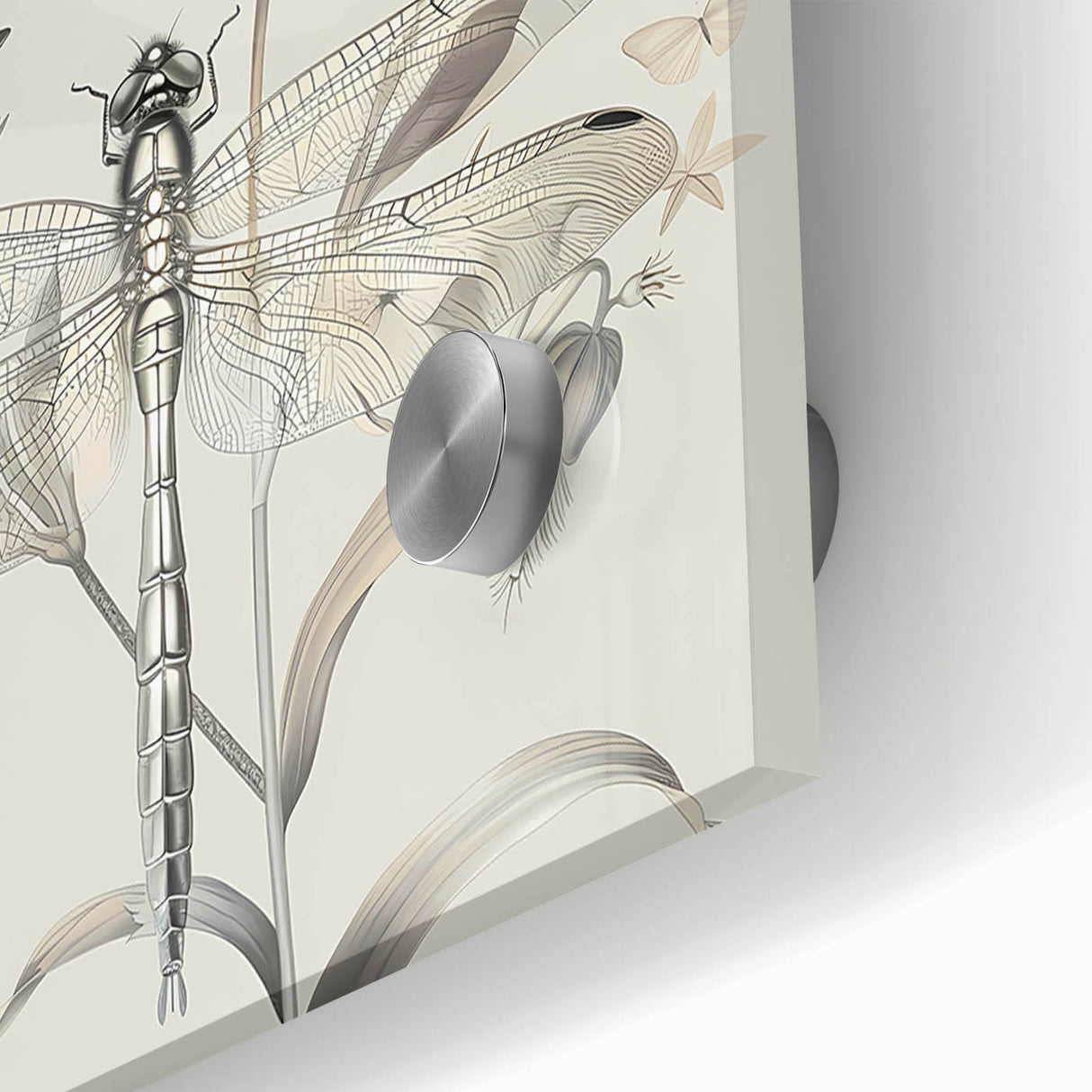 Close-up of a vibrant dragonfly wall art design on acrylic glass, showcasing intricate details and vivid colors, perfect for nature-inspired home décor.