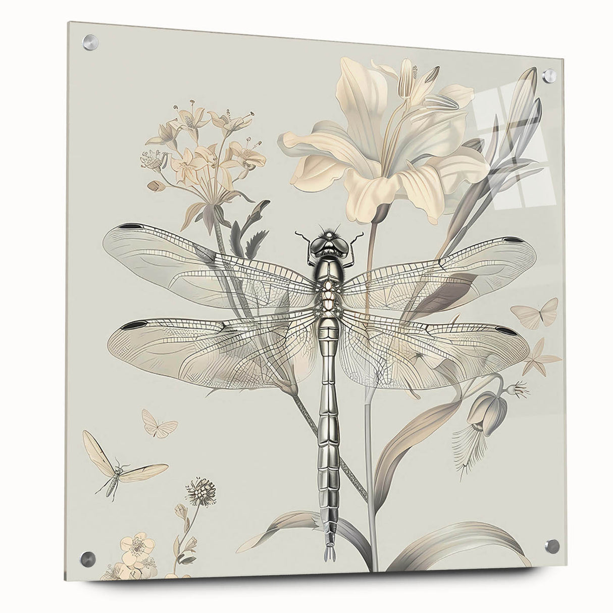 Acrylic wall art featuring a detailed dragonfly design with intricate patterns and vibrant colors, displayed from a side view with pin mounting for easy installation. Ideal for nature-themed decor.