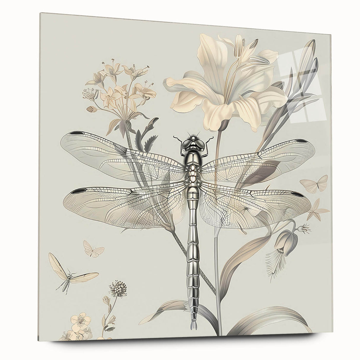 Side view of a dragonfly wall art piece made from acrylic glass, showcasing intricate insect and arachnid designs in vibrant colors, ideal for modern decor.