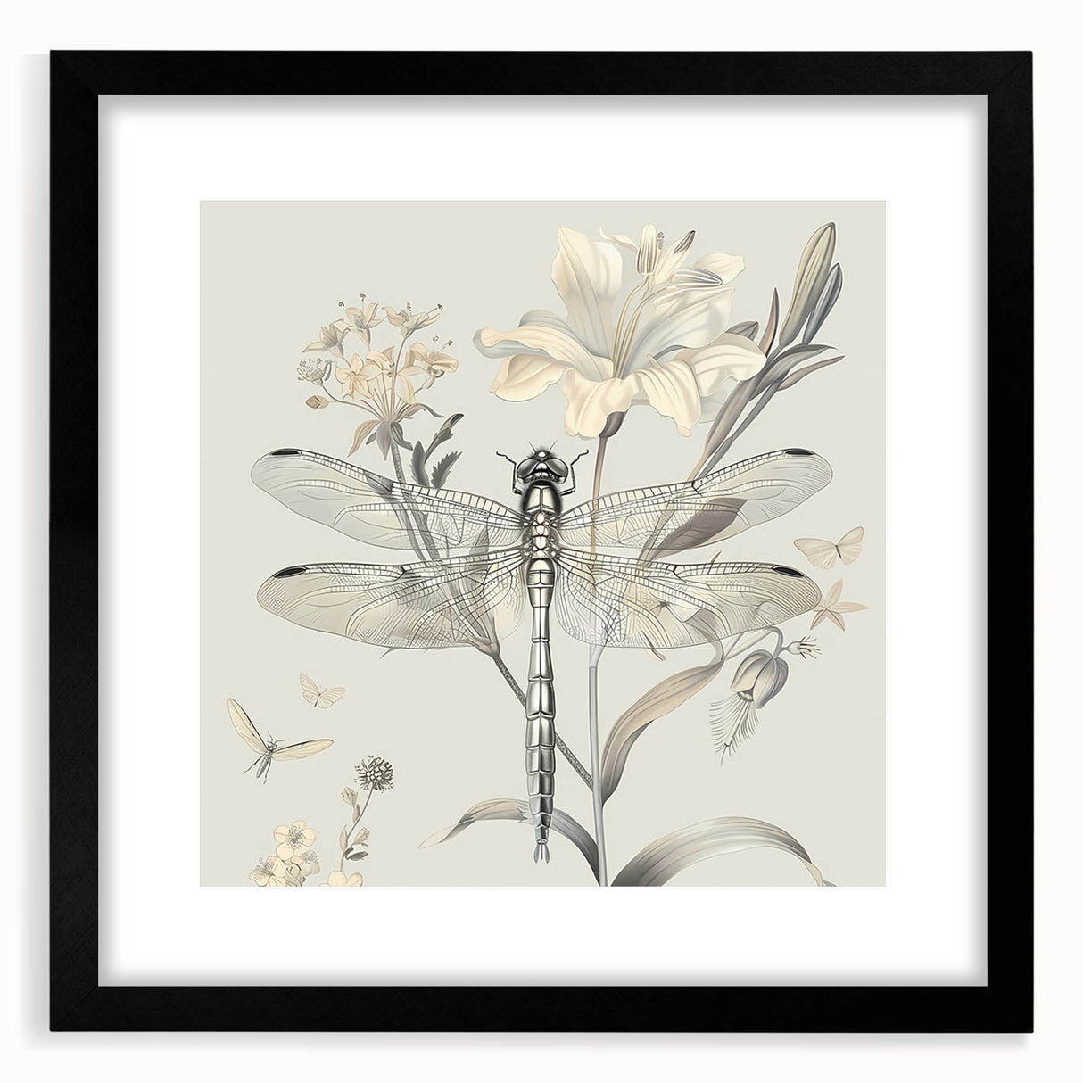 Black-framed wall art featuring a detailed dragonfly design, showcasing vibrant colors and intricate patterns, perfect for nature enthusiasts and home decor.