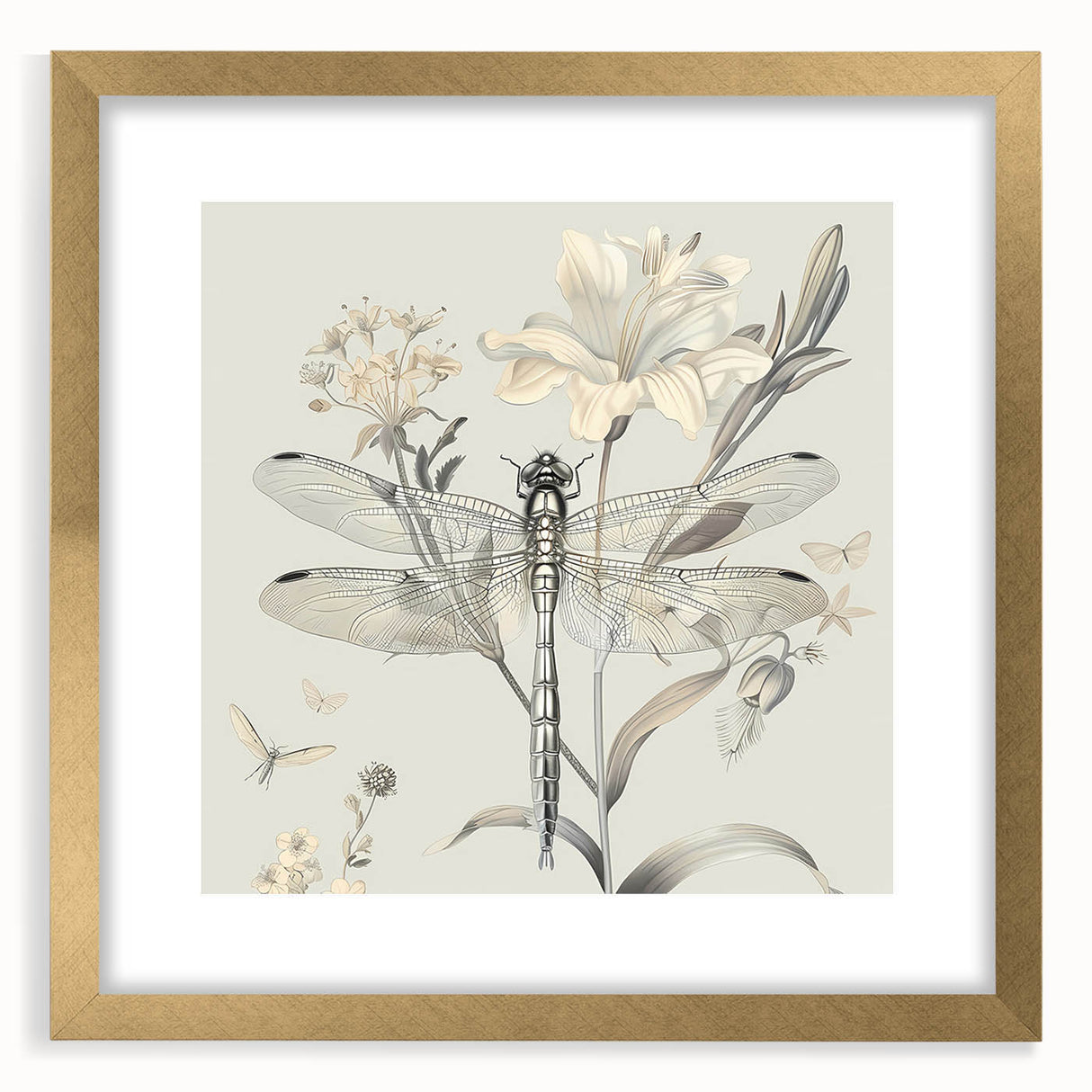 Framed wall art featuring a detailed dragonfly and arachnid design, elegantly set in a gold frame with a mat, showcasing vibrant colors and intricate patterns. Perfect for nature-themed decor.