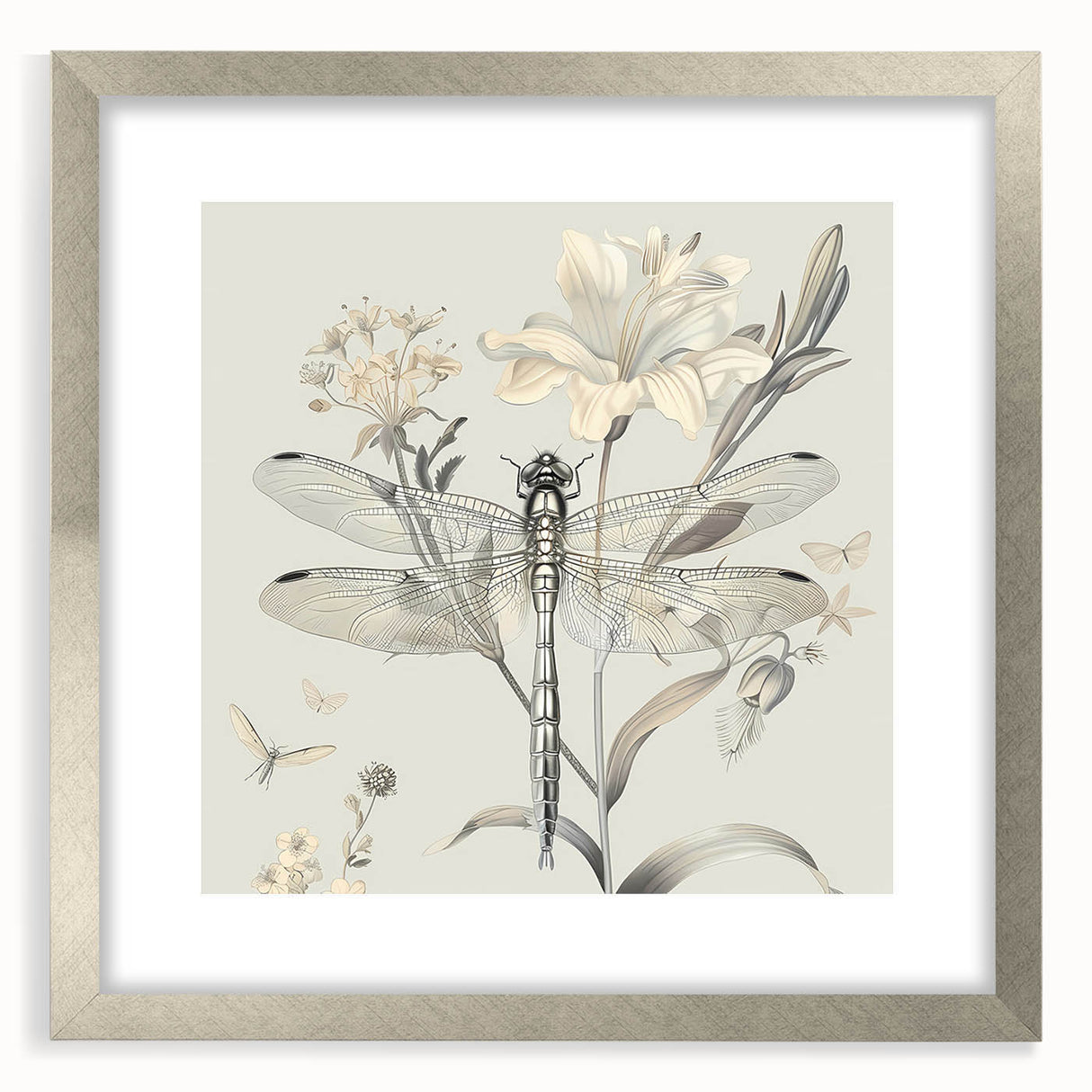 Framed wall art collection featuring a detailed dragonfly design, elegantly displayed with a silver mat and frame, perfect for modern home decor.