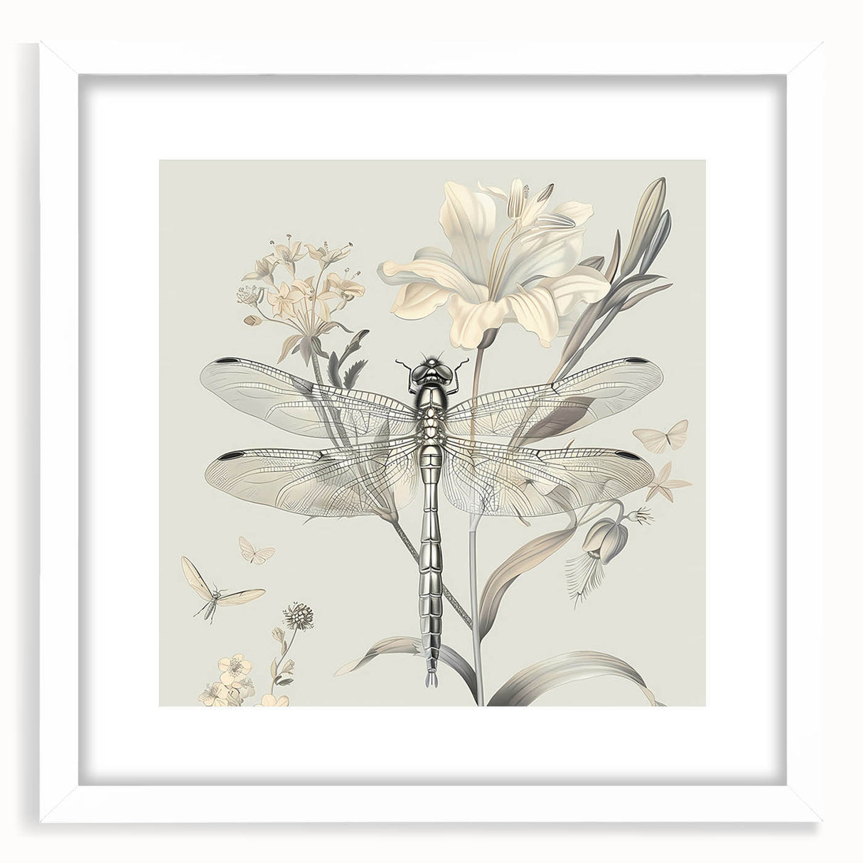 Framed wall art featuring an intricate dragonfly design from the Insect and Arachnid collection, presented in a sleek white frame with a mat, ideal for nature-themed decor.