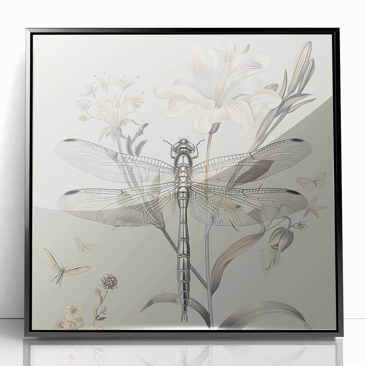 Framed wall art featuring a detailed dragonfly design, rendered in vibrant colors on acrylic, set against a sleek black frame for a modern aesthetic. Perfect for nature lovers and contemporary decor enthusiasts.