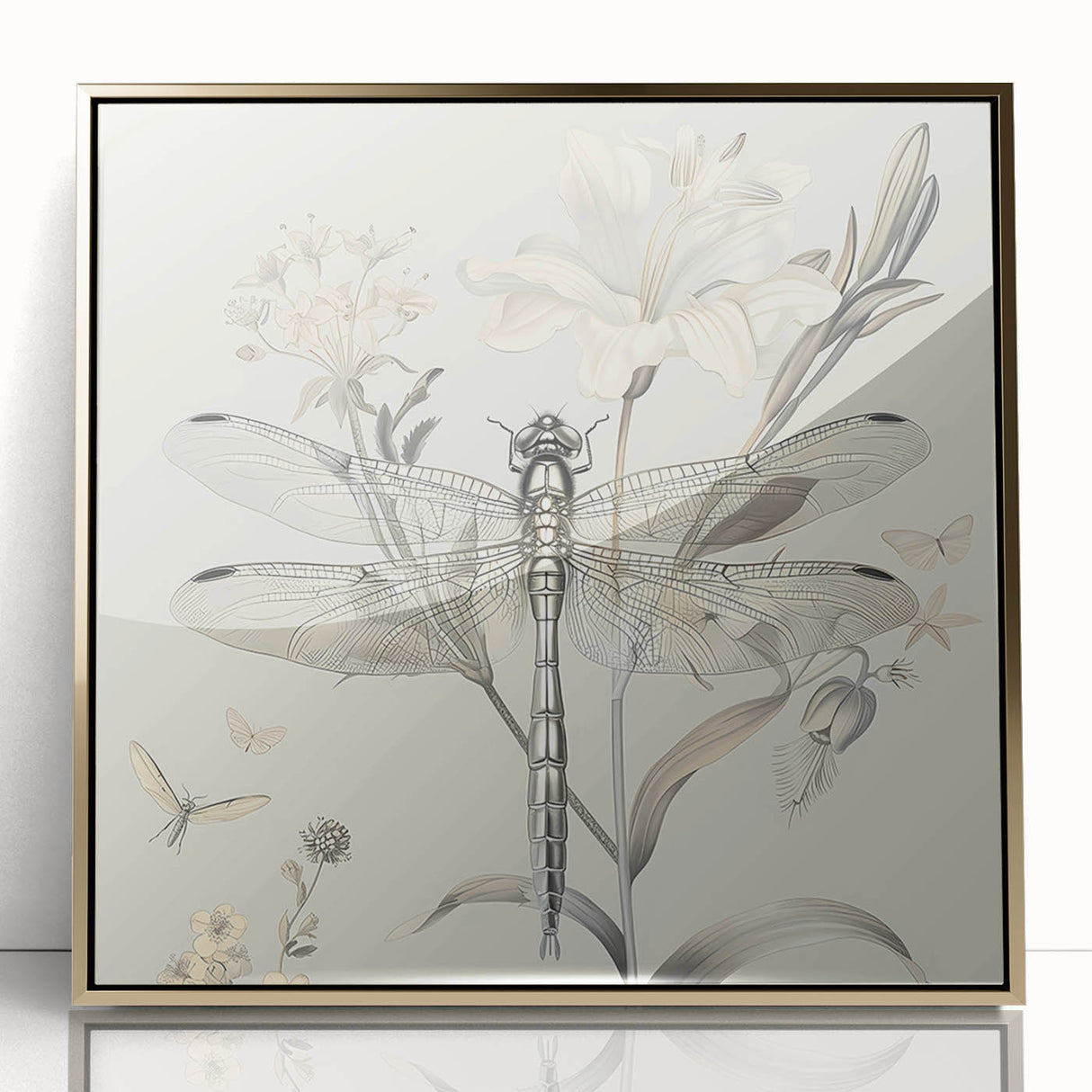 Framed wall art featuring a detailed dragonfly design in vibrant colors, set against a sleek gold acrylic background, ideal for insect-themed decor.