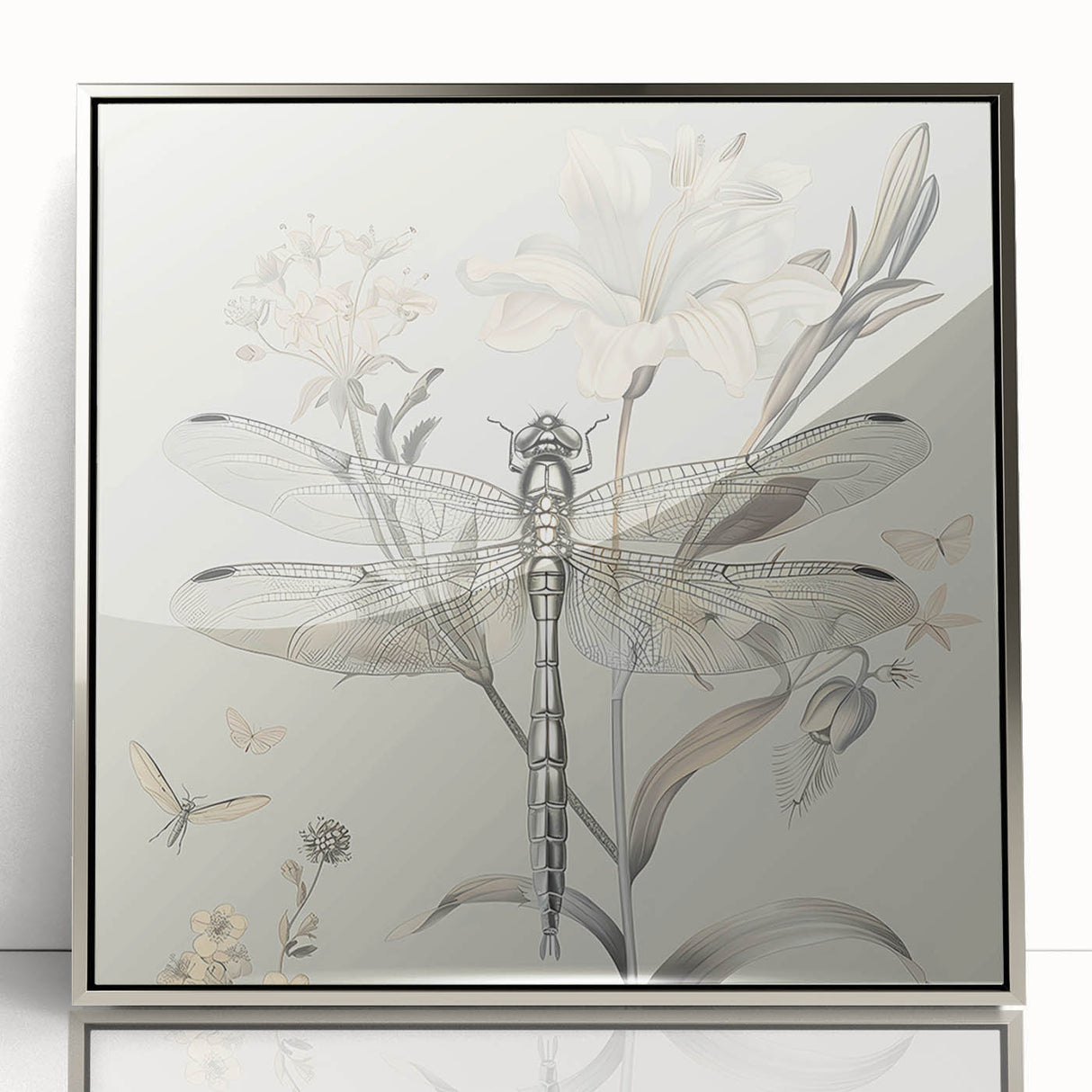 Framed acrylic wall art showcasing a detailed dragonfly design in silver tones, perfect for adding a contemporary touch to any room decor.