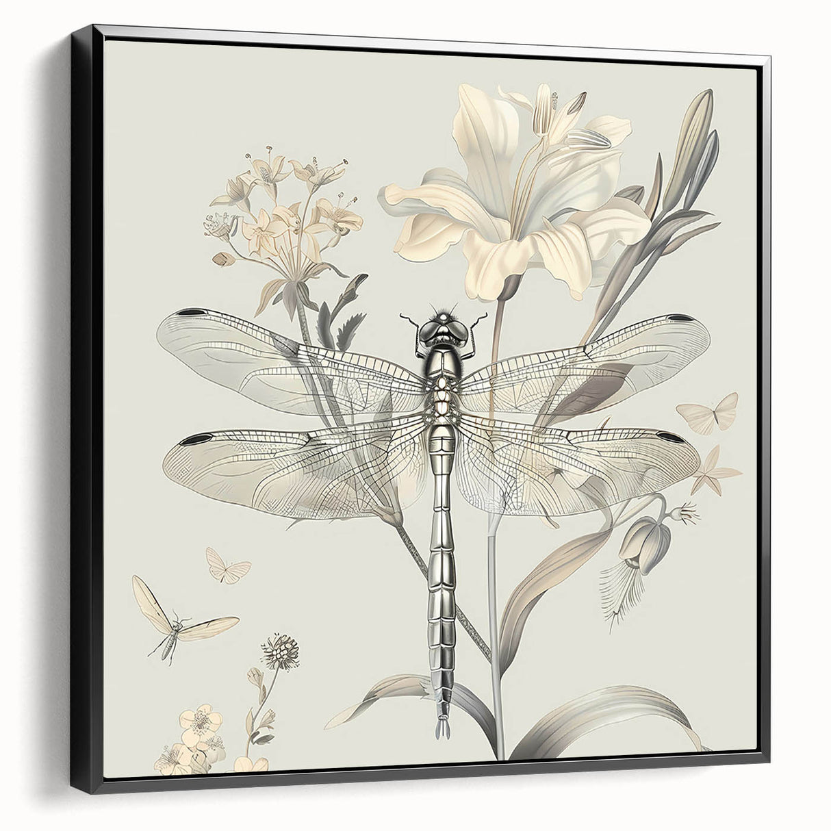 Framed canvas wall art featuring a detailed dragonfly design in vibrant colors, showcased against a black background, perfect for nature-themed decor.