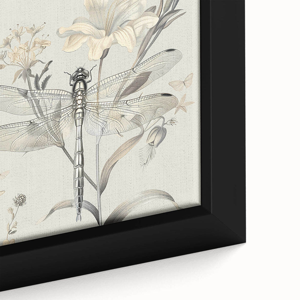 Close-up of a vibrant framed canvas wall art featuring a detailed dragonfly design, showcasing intricate patterns and colors, perfect for nature-inspired decor.