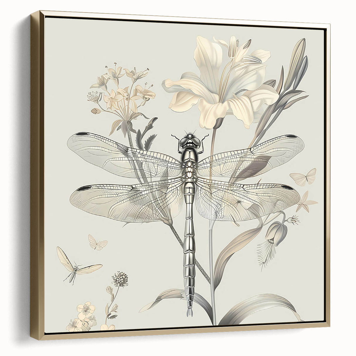 Framed wall art featuring a side view of a dragonfly design against a gold background, showcasing intricate details and vibrant colors, perfect for modern decor.