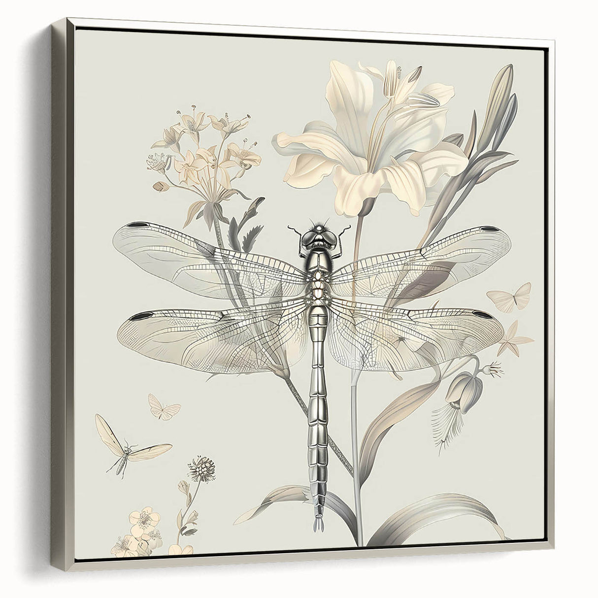Framed wall art featuring a detailed dragonfly design on canvas, showcasing vibrant colors and intricate patterns, set against a silver frame for a modern touch. Ideal for insect lovers and nature-inspired decor.