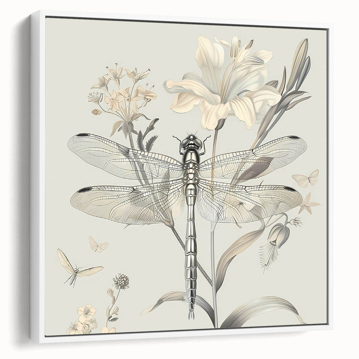 Framed wall art featuring a detailed dragonfly design on white canvas, showcasing vibrant colors and intricate patterns, perfect for nature-inspired decor.