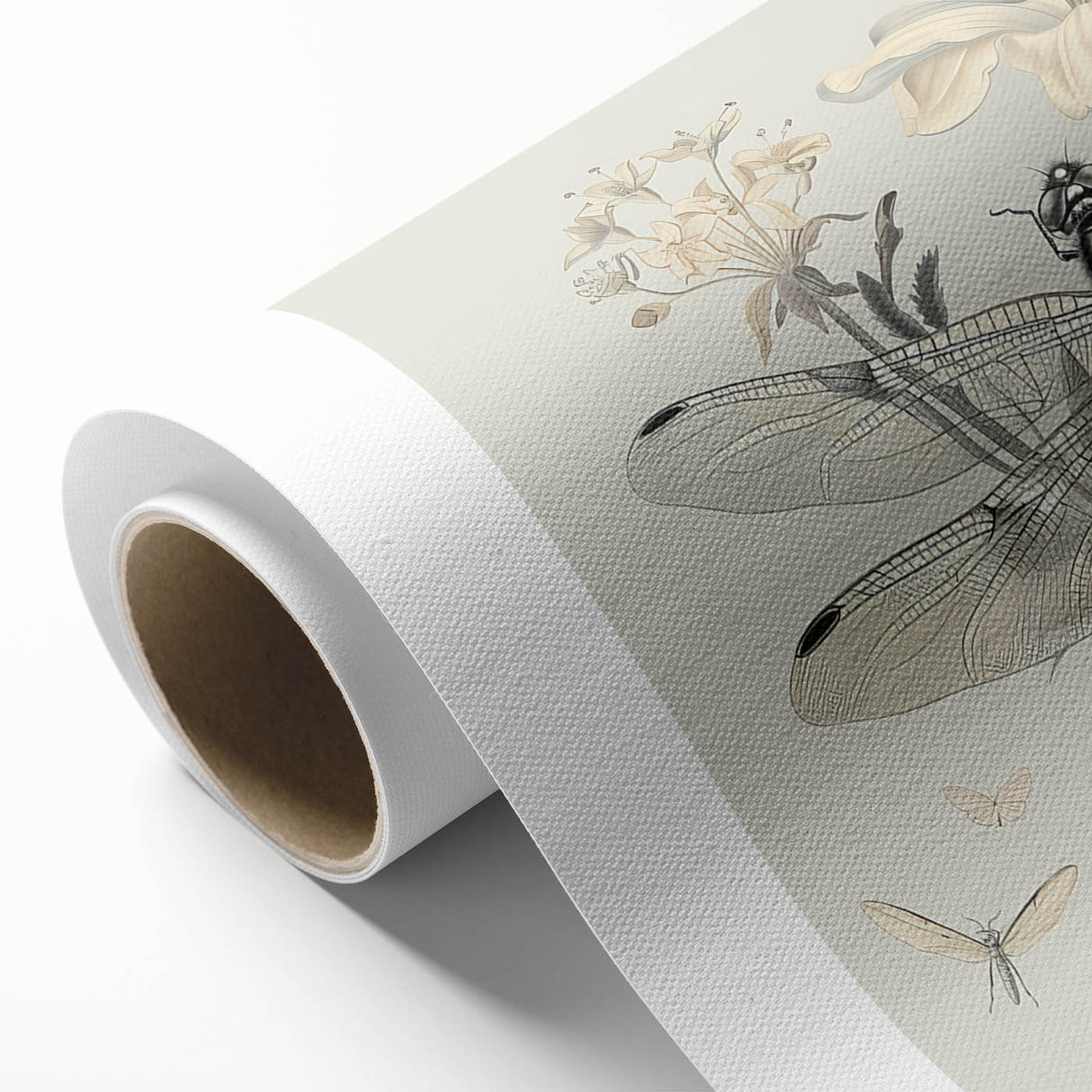 Dragonfly wall art design on rolled canvas showcasing vibrant colors and intricate details, ideal for home decor, available in a protective cardboard tube.