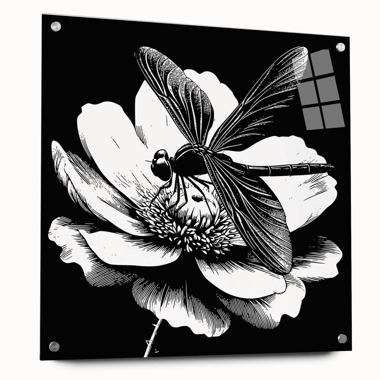 Side view of a dragonfly wall art piece showcasing intricate insect and arachnid design, crafted from acrylic glass with mounting pins for easy display.