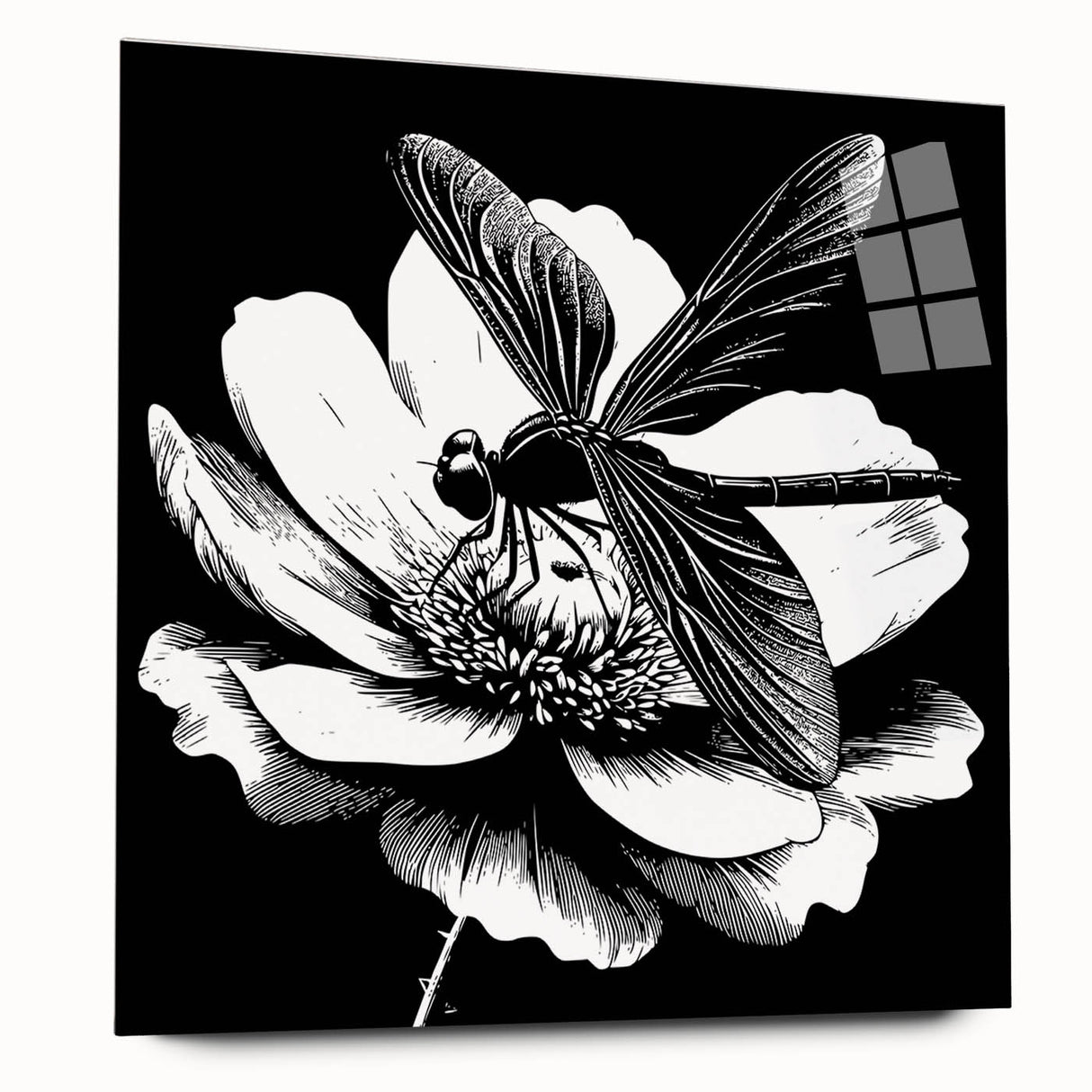 Side view of a vibrant dragonfly wall art piece, showcasing intricate insect and arachnid designs on acrylic glass, ideal for nature lovers and home decor.