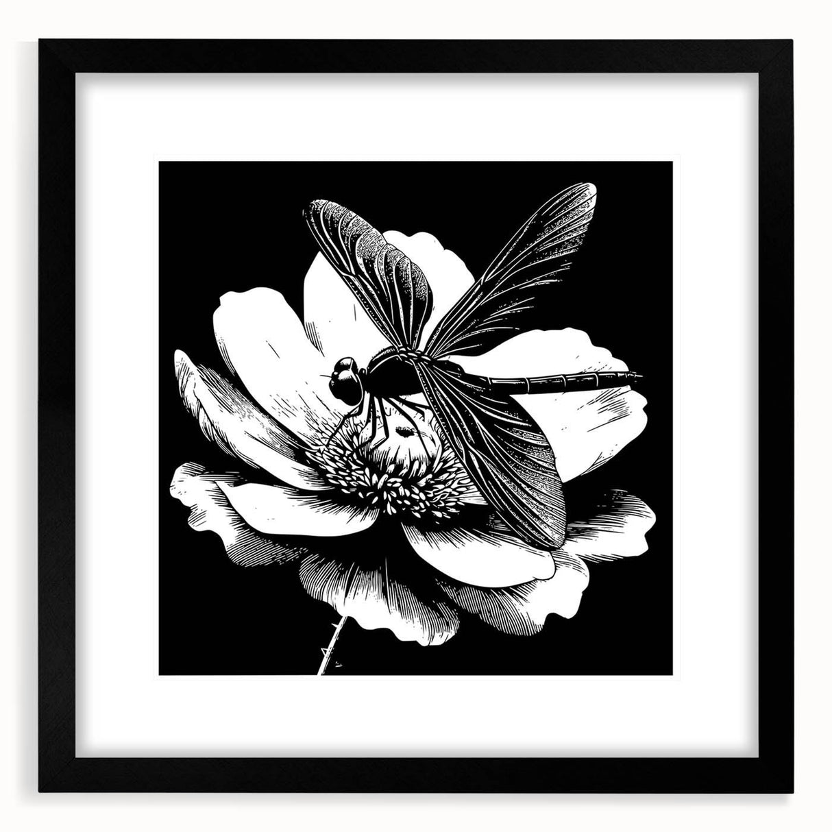 Framed wall art featuring a detailed dragonfly design, showcasing vibrant colors and intricate patterns, set against a sleek black mat for modern decor.