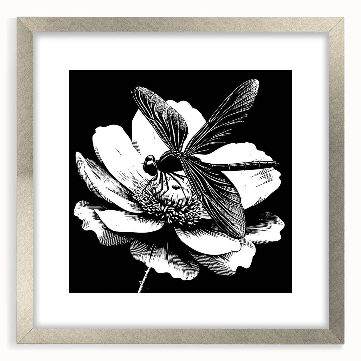 Framed wall art featuring a detailed dragonfly design with intricate patterns, set in a silver frame with a white mat, ideal for nature-inspired decor.