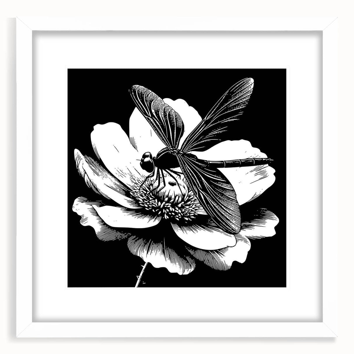 Framed wall art featuring a detailed dragonfly design in vibrant colors, set against a white mat, perfect for nature-themed decor in homes or offices.