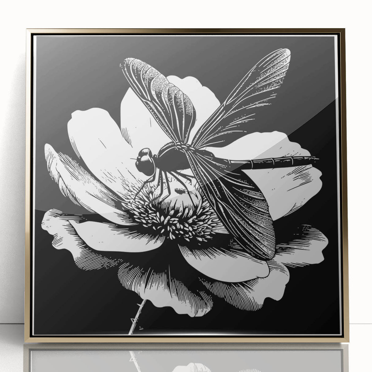 Framed wall art featuring a detailed dragonfly design in vibrant colors, set in a gold-accented frame, perfect for adding a touch of nature-inspired elegance to any space.