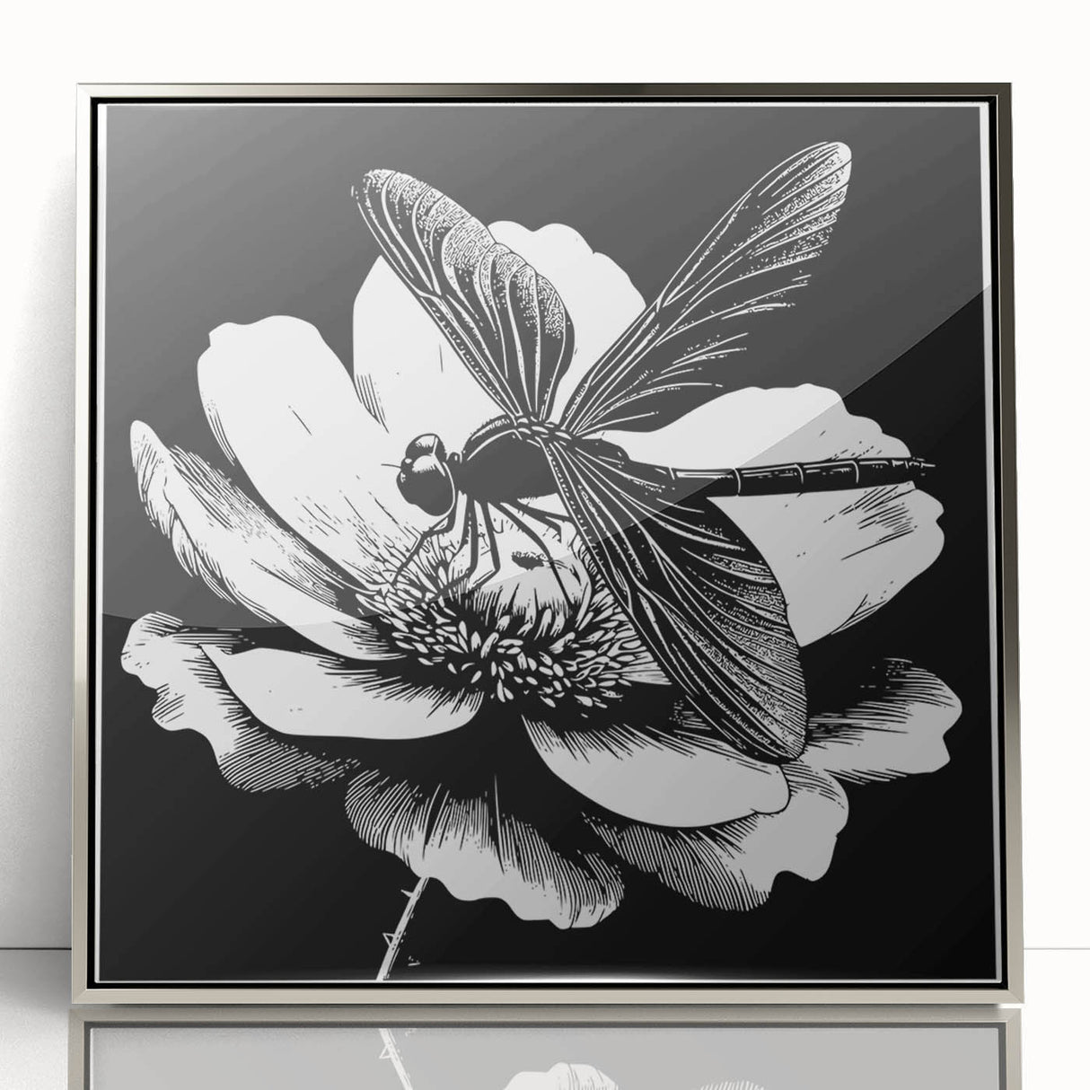 Framed wall art featuring a detailed dragonfly design in vibrant colors, set in a sleek silver frame with acrylic front, ideal for nature-themed decor.