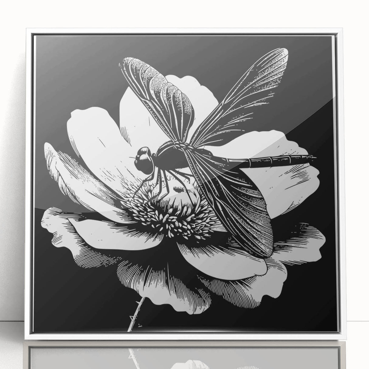 Framed acrylic wall art featuring a detailed dragonfly design with a white border, showcasing vibrant colors and intricate patterns, perfect for home decor.