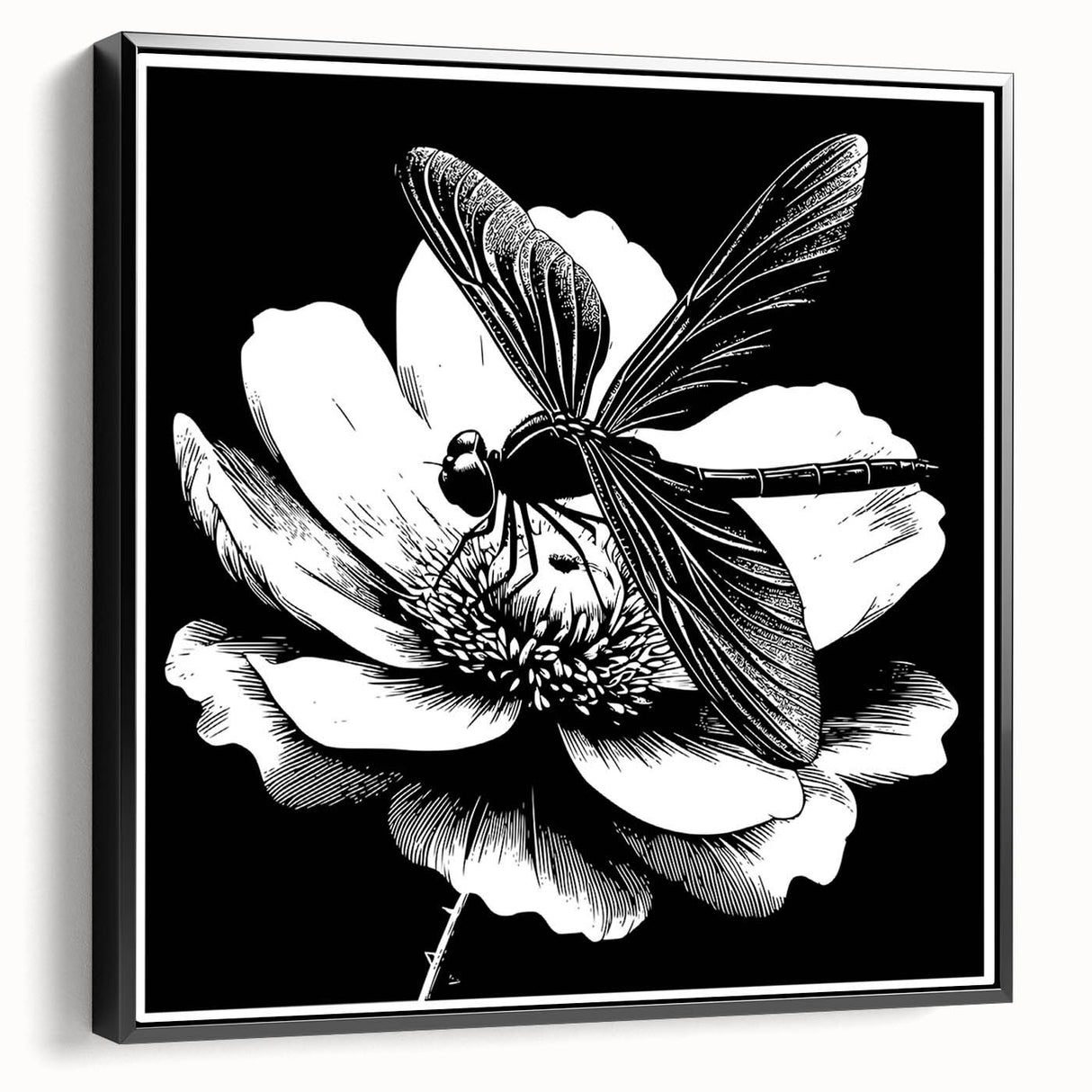 Framed canvas wall art featuring a detailed dragonfly design in vibrant colors, set against a black background, ideal for enhancing modern home decor.