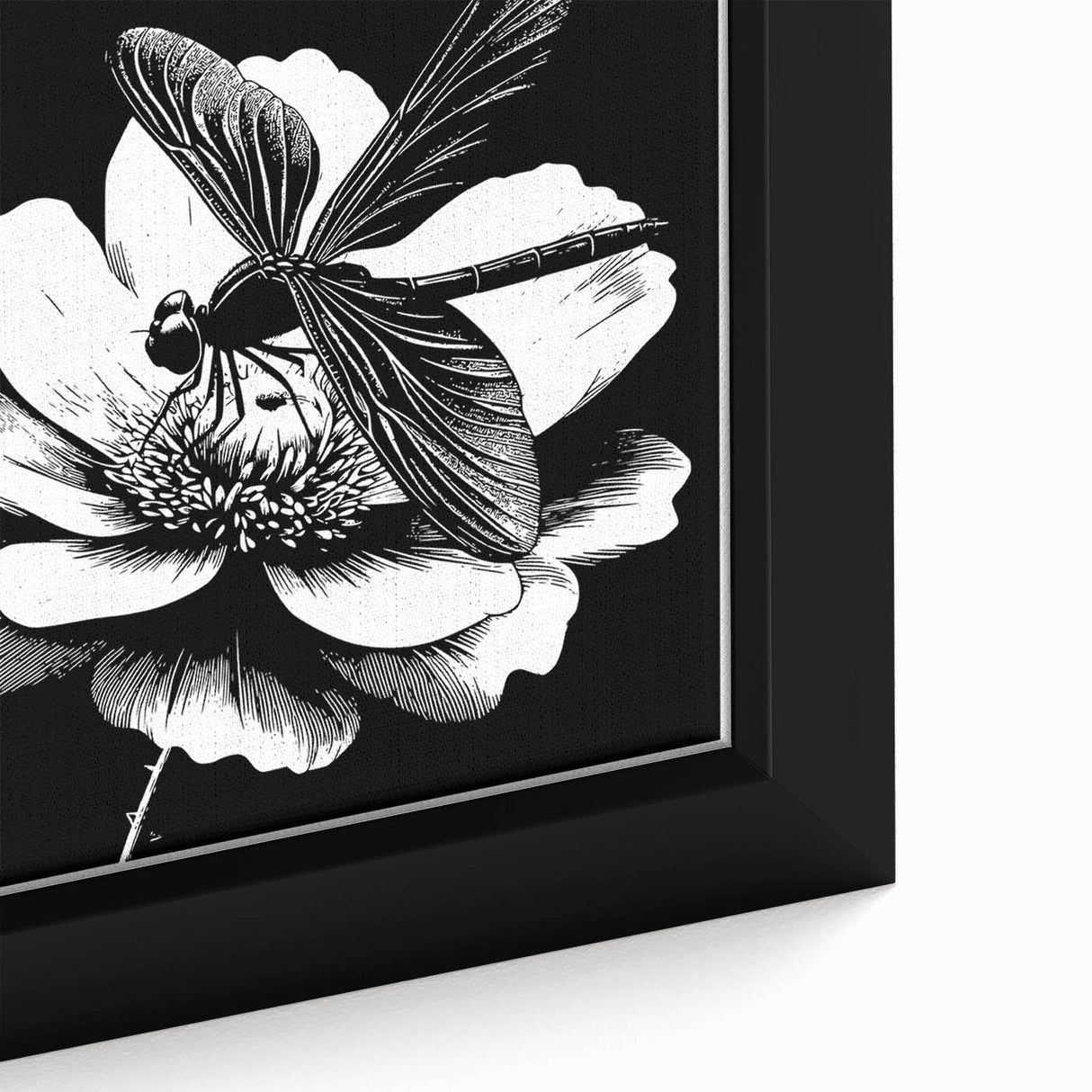 Close-up of a framed canvas wall art piece showcasing a vibrant dragonfly design with intricate details, perfect for insect lovers and nature-themed decor. The artwork features rich colors and textures that enhance its visual appeal, ideal for home or office settings.