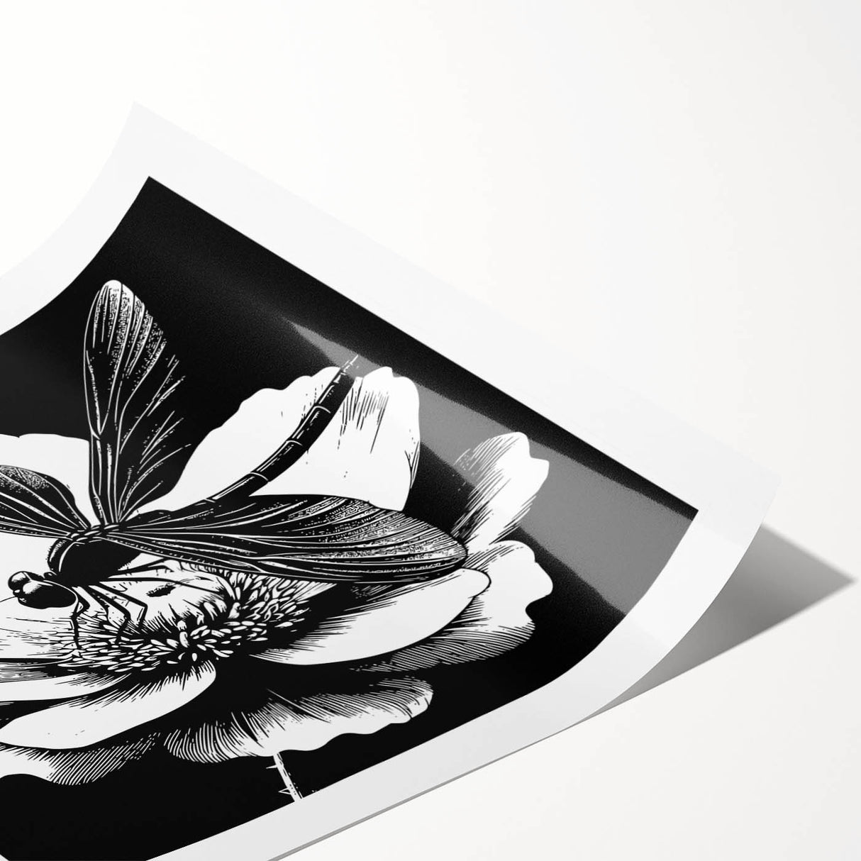 Detailed wall art print showcasing a vibrant dragonfly design in shades of blue and green, ideal for insect enthusiasts. Perfectly rolled for easy framing and display.