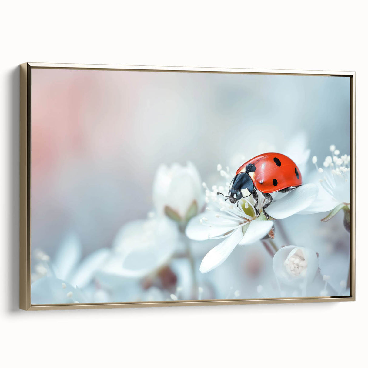 Framed wall art featuring a colorful ladybug design, set against a vibrant background with gold accents, showcasing intricate details and textures ideal for insect-themed decor.
