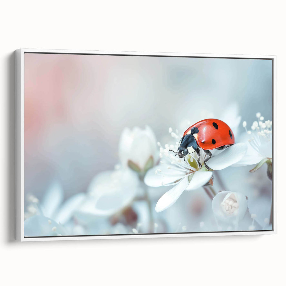 Framed canvas wall art showcasing a vibrant ladybug design, set against a white background. The artwork features intricate detailing and vivid colors, perfect for nature lovers and home decor enthusiasts. Ideal for adding a touch of whimsy to any room.