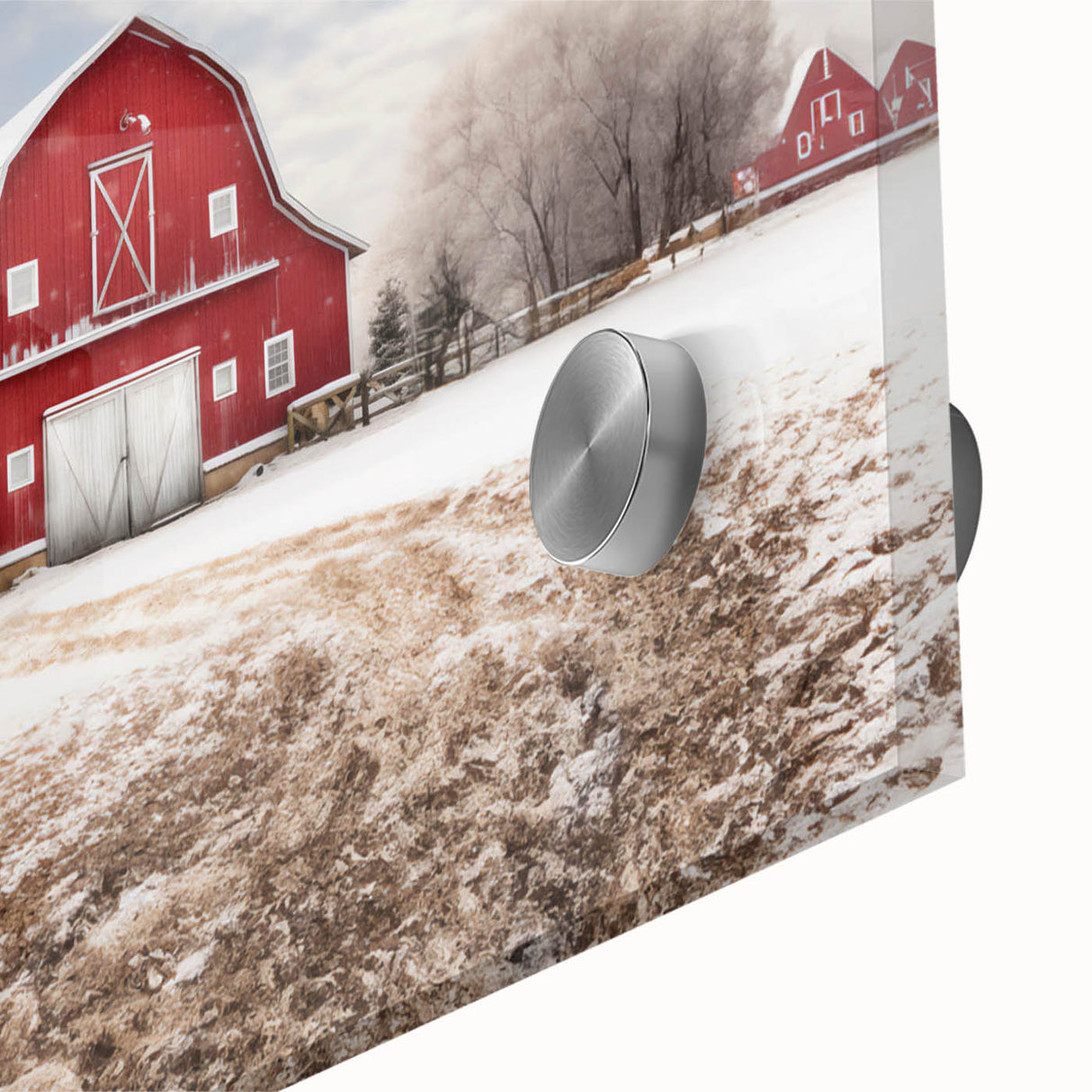 Close-up of a vibrant acrylic glass wall art piece showcasing a serene landscape with rustic barns, perfect for home decor and enhancing interior aesthetics.