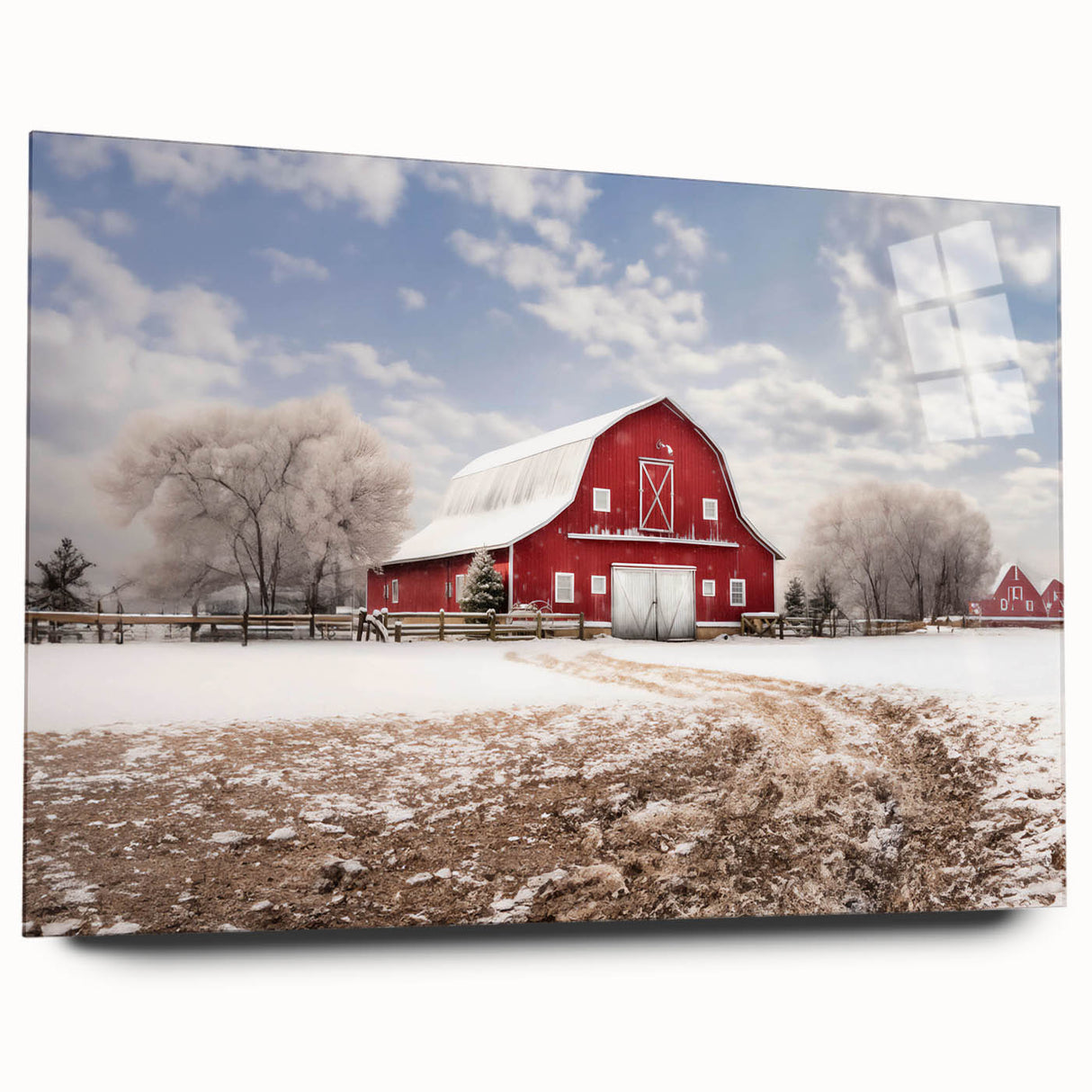 Acrylic glass wall art collection showcasing a scenic landscape of rustic barns under a clear blue sky, highlighting vibrant colors and intricate details, perfect for home decor.
