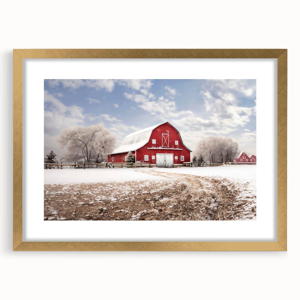 Framed landscape wall art featuring a rustic barn design with a gold mat, showcasing a serene countryside scene, perfect for home decor enhancement.