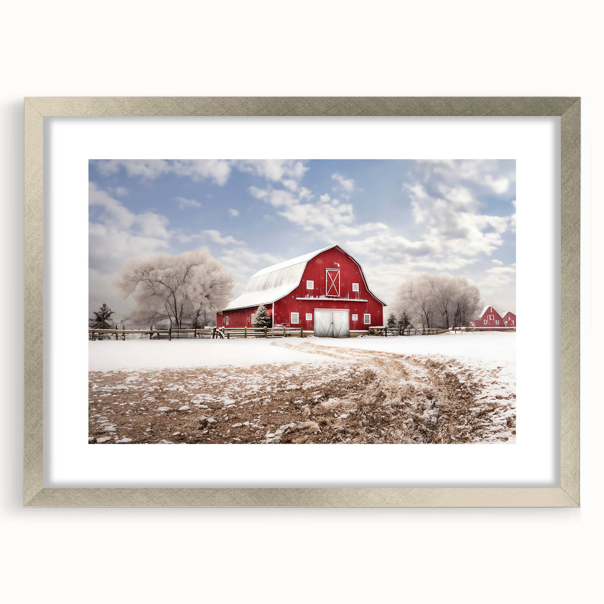 Framed wall art featuring a serene landscape with a rustic barn design, showcased in a silver frame with a white mat, ideal for enhancing home decor.