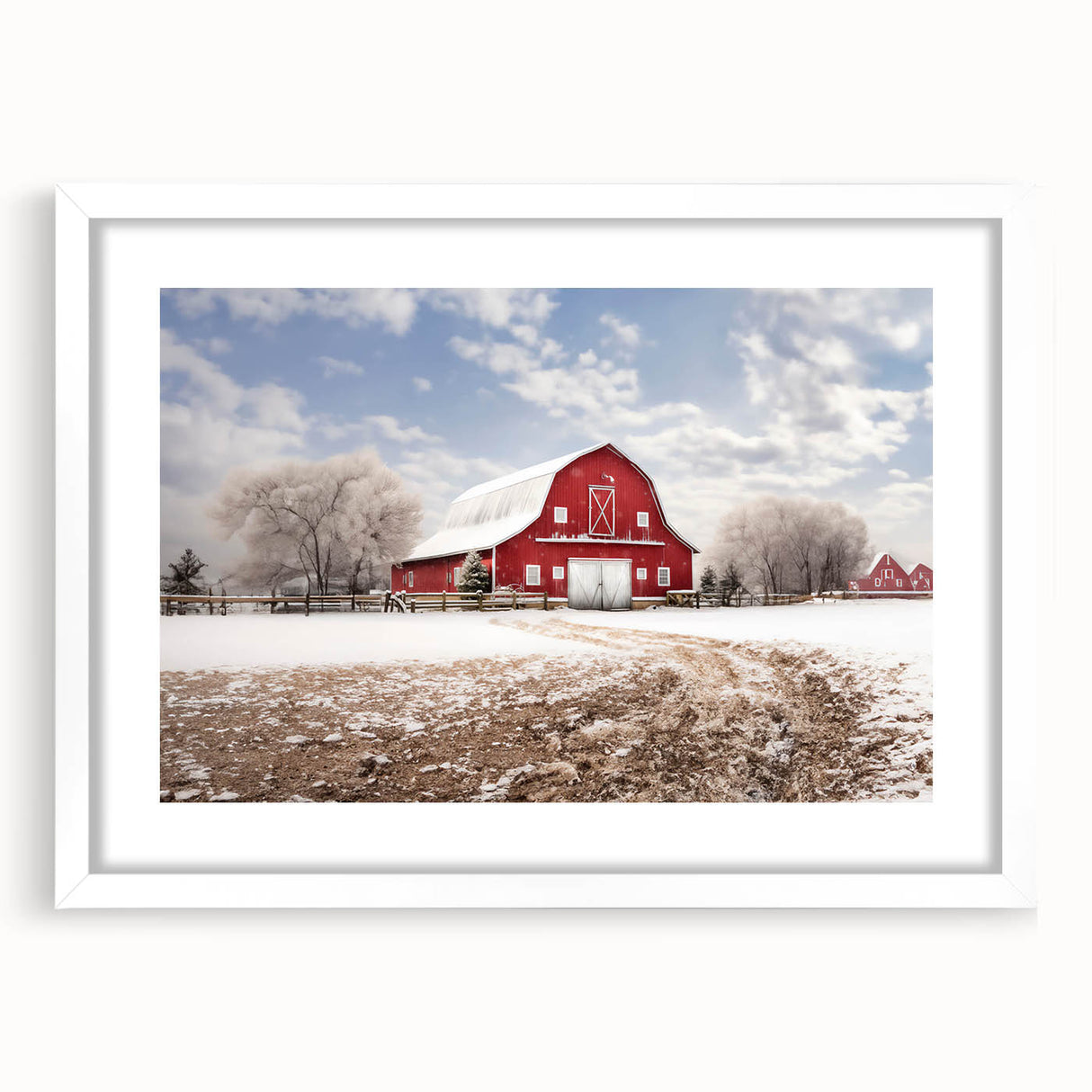Framed landscape wall art showcasing a rustic barn scene with vibrant colors, featuring a white mat and sleek frame, ideal for home decor enhancement.