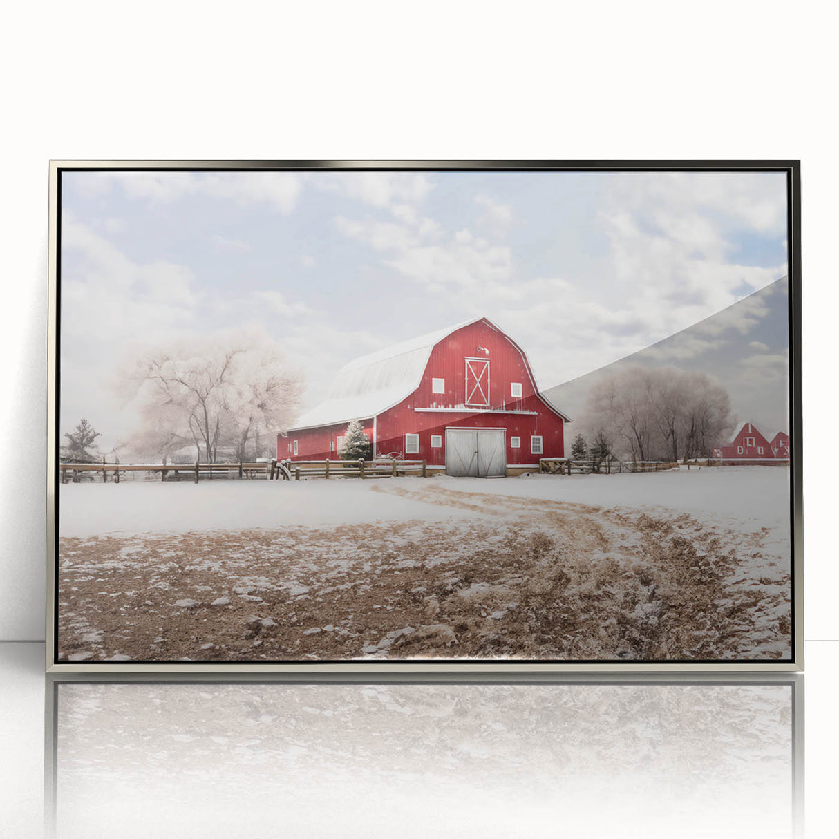 Framed wall art featuring a serene landscape of a red barn surrounded by lush green fields and a bright blue sky, showcasing a rustic charm with vibrant colors. Ideal for home decor enthusiasts seeking a nature-inspired aesthetic.