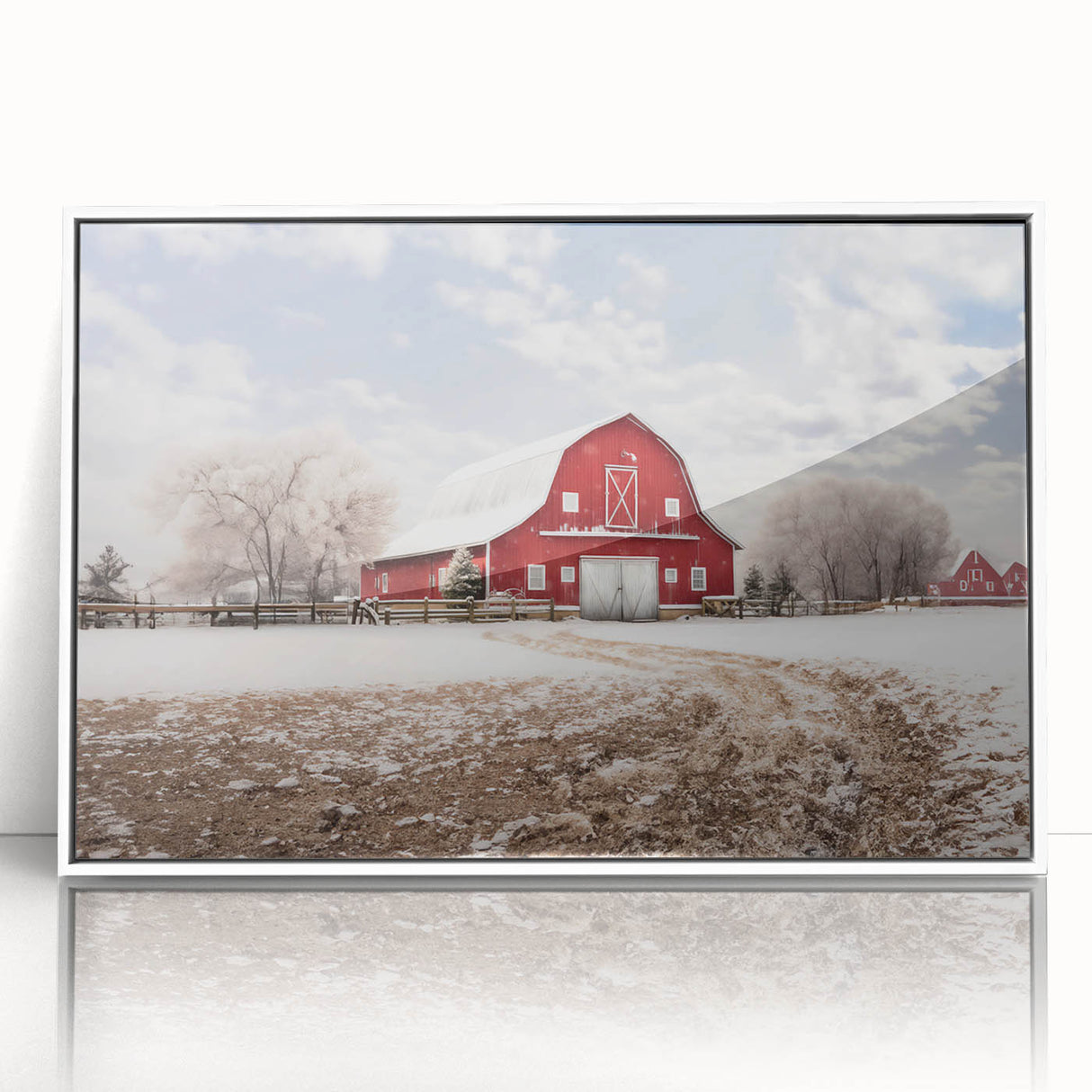 Framed wall art featuring a rustic barn landscape design, displayed from the front with a sleek white frame, perfect for enhancing home decor with a touch of rural charm.