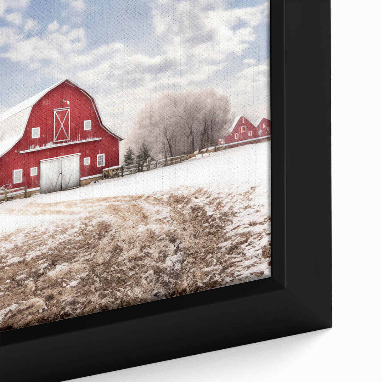 Close-up of a framed canvas wall art piece showcasing a rustic barn landscape, featuring vibrant colors, detailed textures, and a serene countryside ambiance, ideal for home decor.
