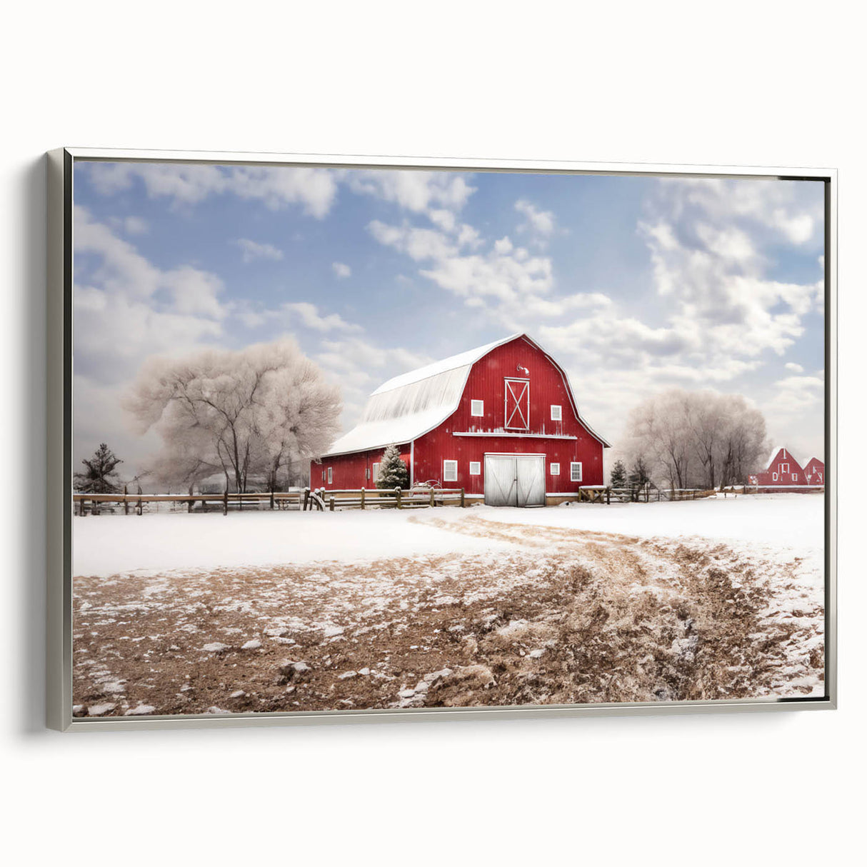 Framed canvas wall art featuring a rustic barn landscape design with silver accents, showcasing a serene countryside scene, perfect for home decor enthusiasts.