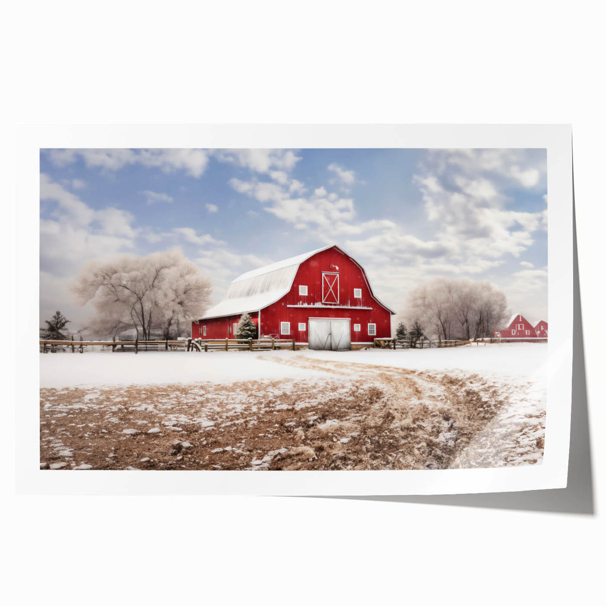 Rustic barn landscape wall art print showcasing serene countryside scenery with vibrant colors, rolled for easy framing and display in any home decor.