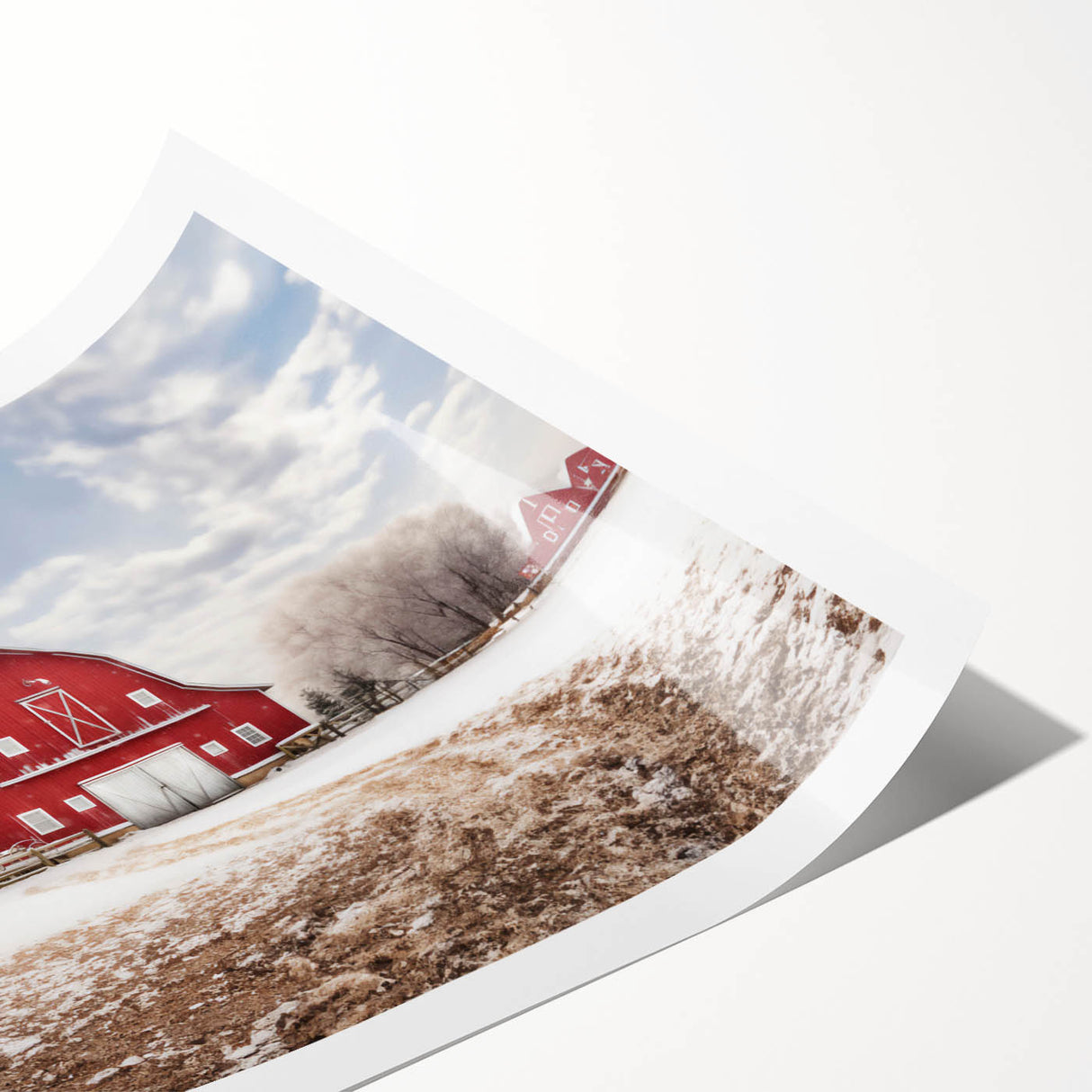 Vibrant rolled print showcasing a serene rural landscape with a rustic barn surrounded by lush greenery, perfect for home decor and art enthusiasts.