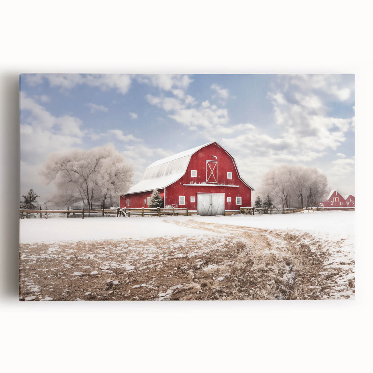 Stretched canvas wall art showcasing a vibrant landscape featuring a rustic red barn surrounded by lush green fields and a clear blue sky, perfect for home decor.