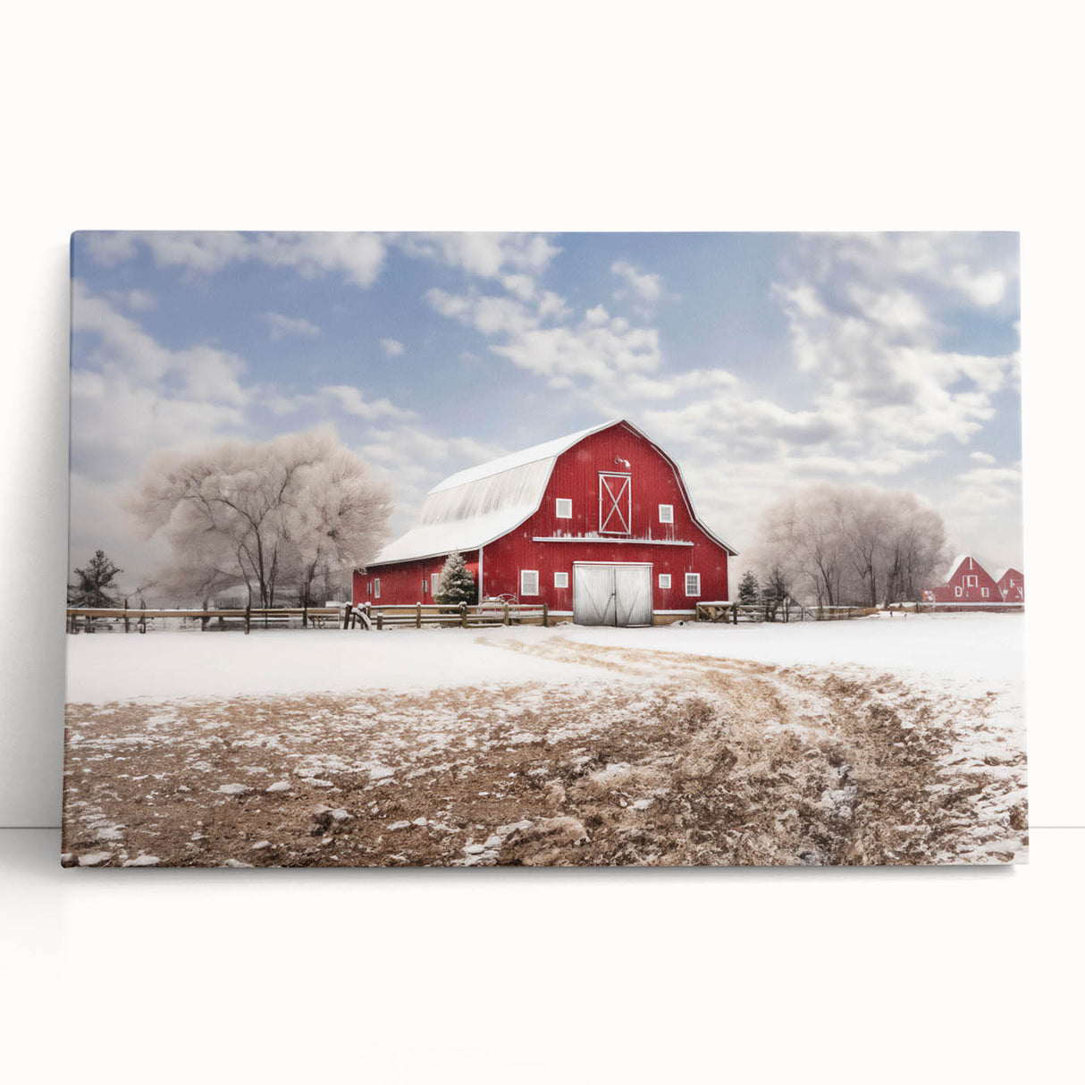 Rustic landscape wall art featuring a picturesque barn scene with vibrant colors, printed on stretched canvas, elegantly leaning against a wall in a cozy setting.