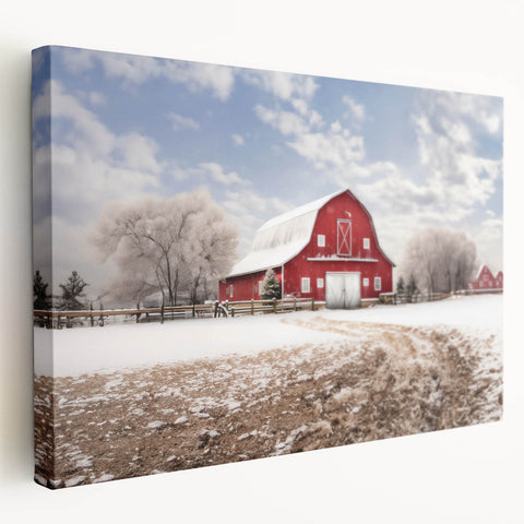 Stretched canvas artwork showcasing a rustic barn landscape design, featuring vibrant colors and detailed textures, perfect for enhancing home decor.