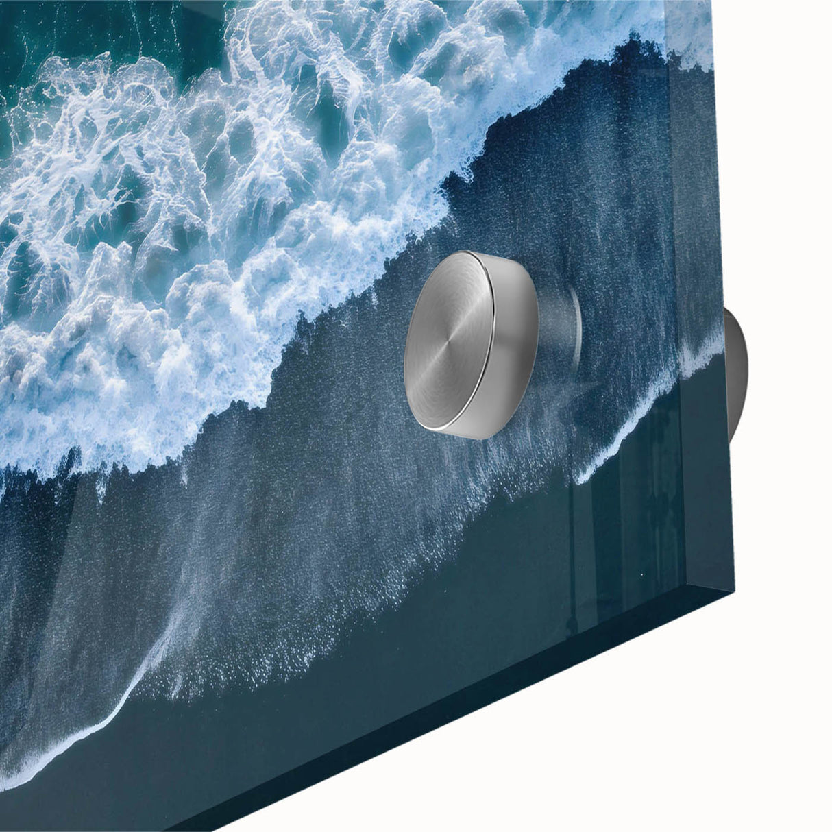 Close-up of a vibrant acrylic glass wall art piece showcasing a serene beach landscape, with vivid colors and intricate details perfect for home decor.