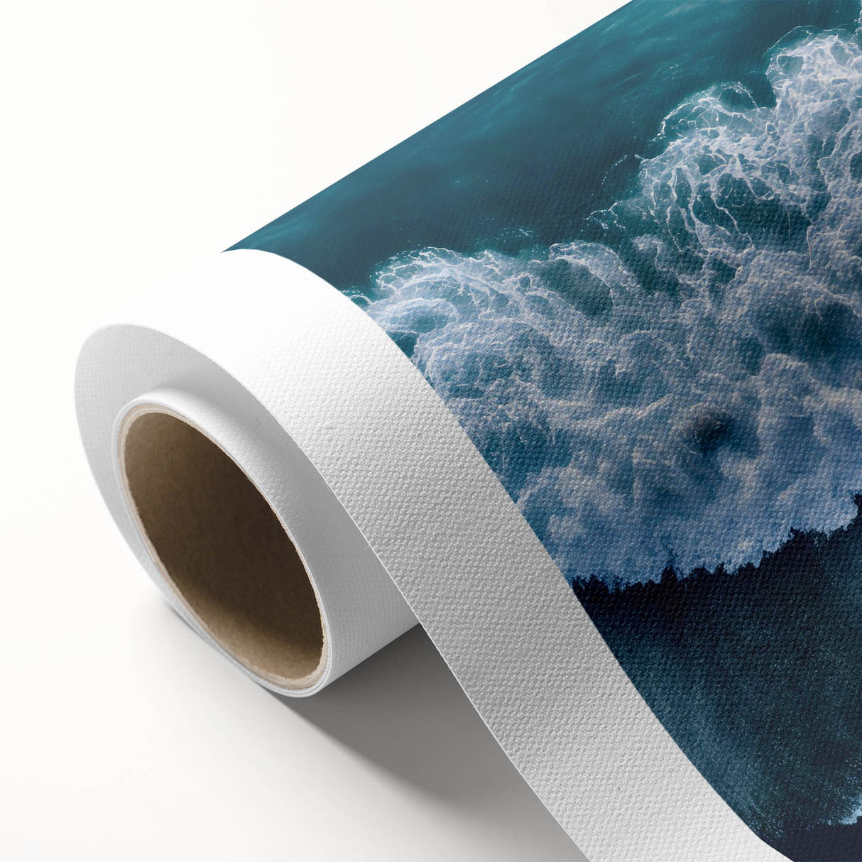 Rolled canvas depicting a serene beach landscape with soft pastel colors and gentle waves, designed for wall art décor, showcasing coastal tranquility and natural beauty.