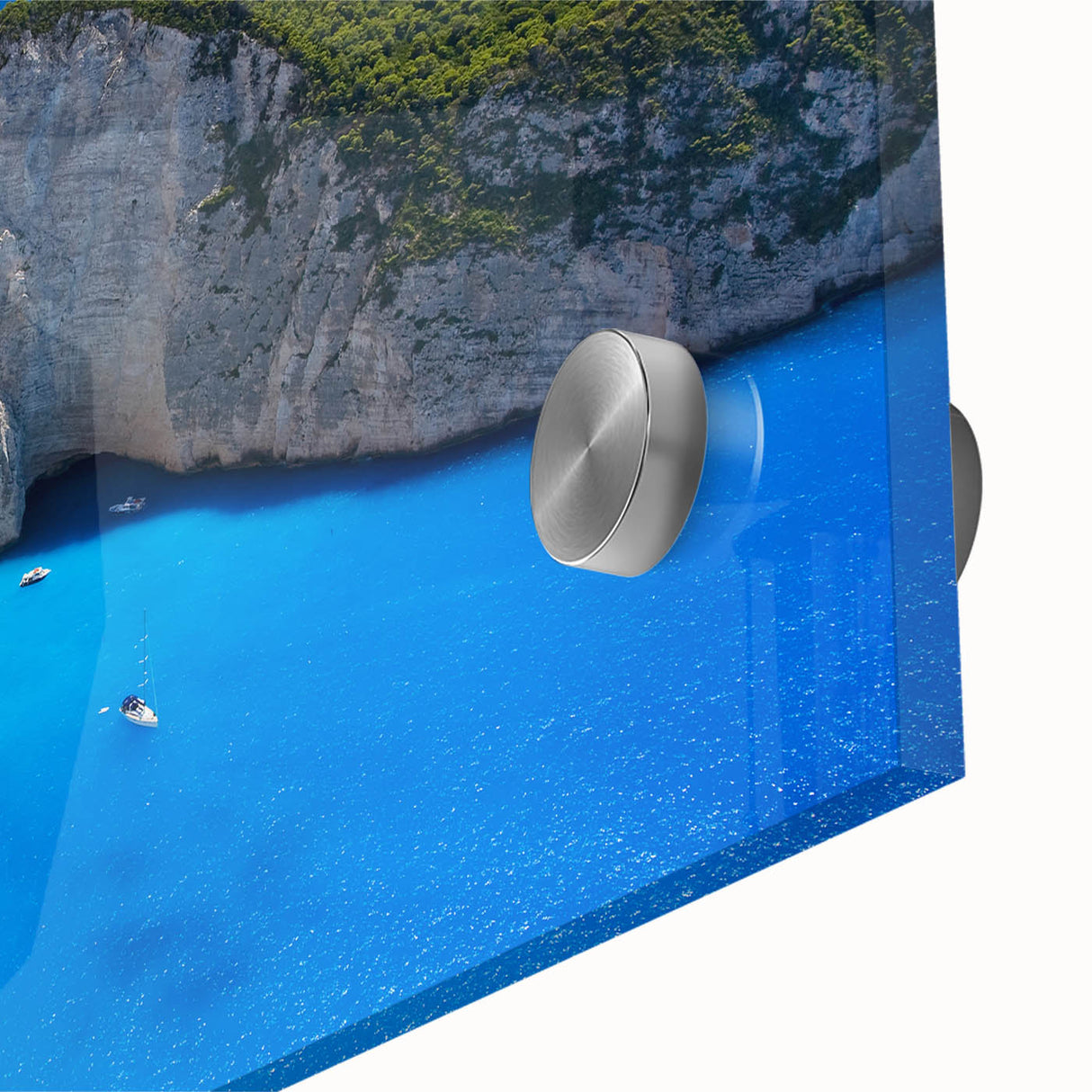 Close-up of a vibrant acrylic glass wall art piece showcasing a serene beach landscape, featuring soft pastel colors and intricate details, perfect for home decor.