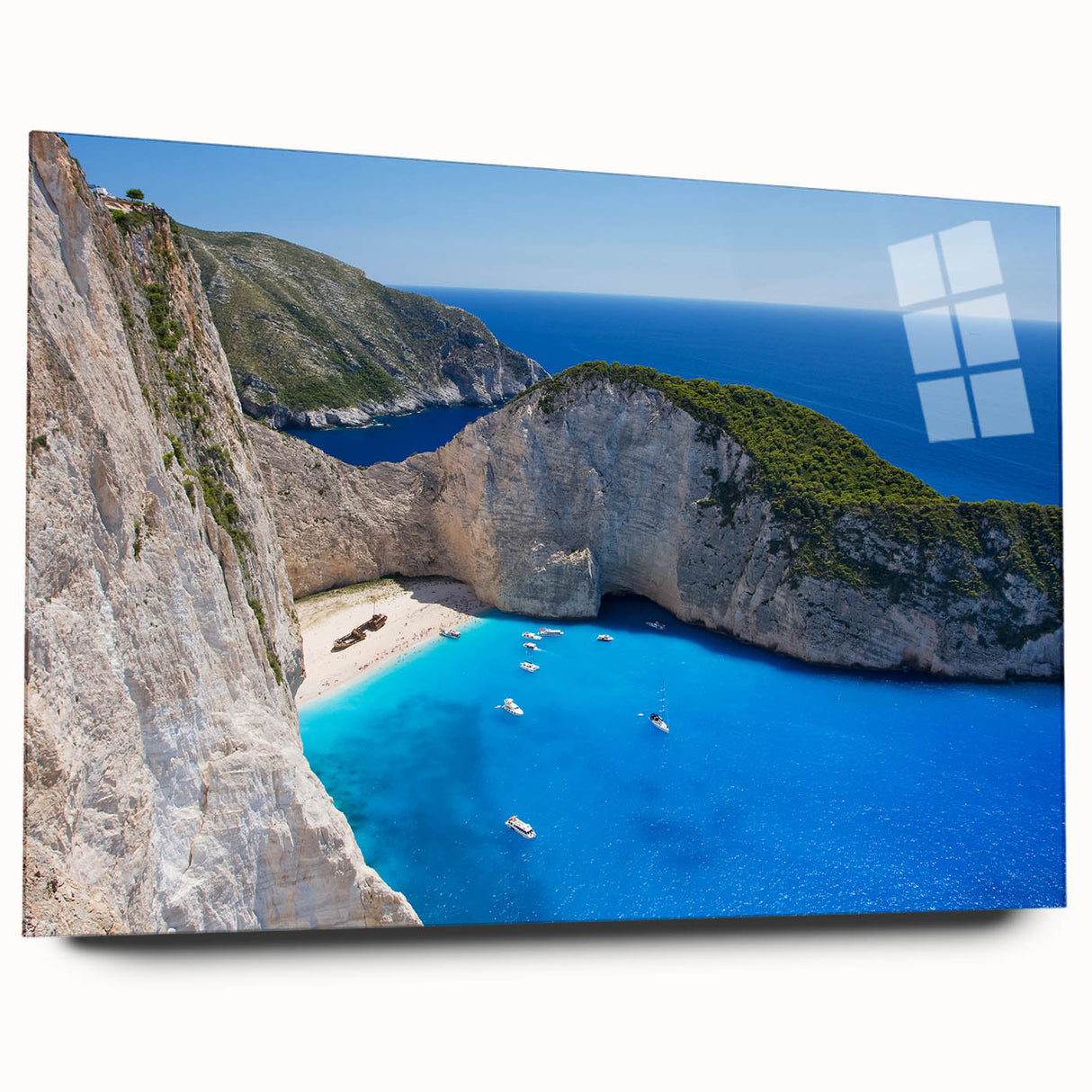 Acrylic glass wall art collection showcasing a vibrant beach landscape design, viewed from the side, perfect for modern home decor. Ideal for coastal-themed interiors.