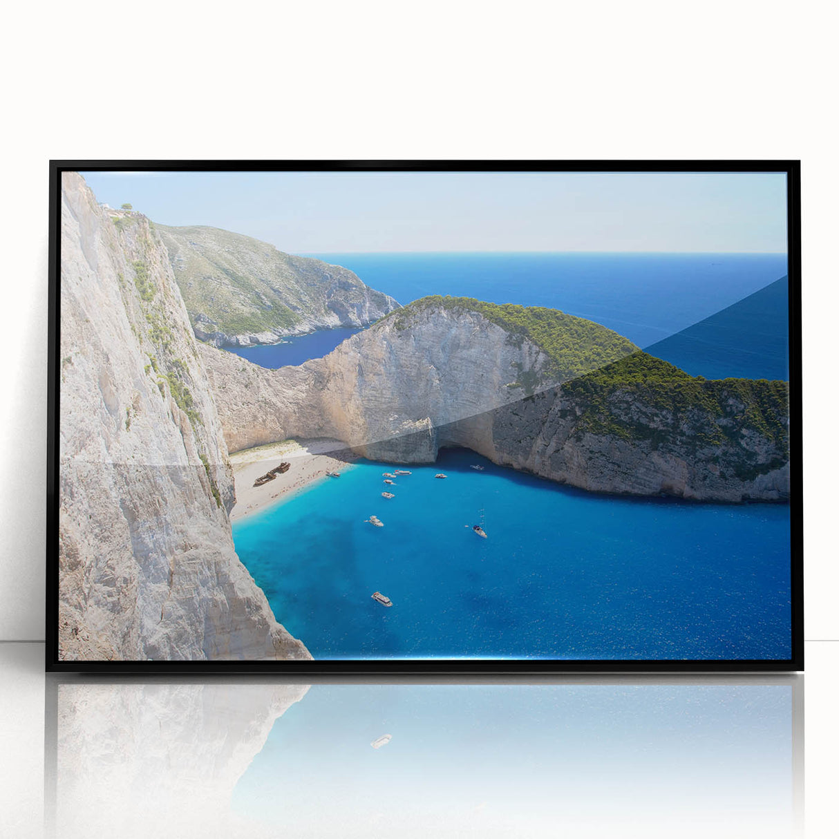 Framed acrylic wall art depicting a serene beach landscape with vibrant colors, showcasing waves and sandy shores, ideal for coastal home decor.