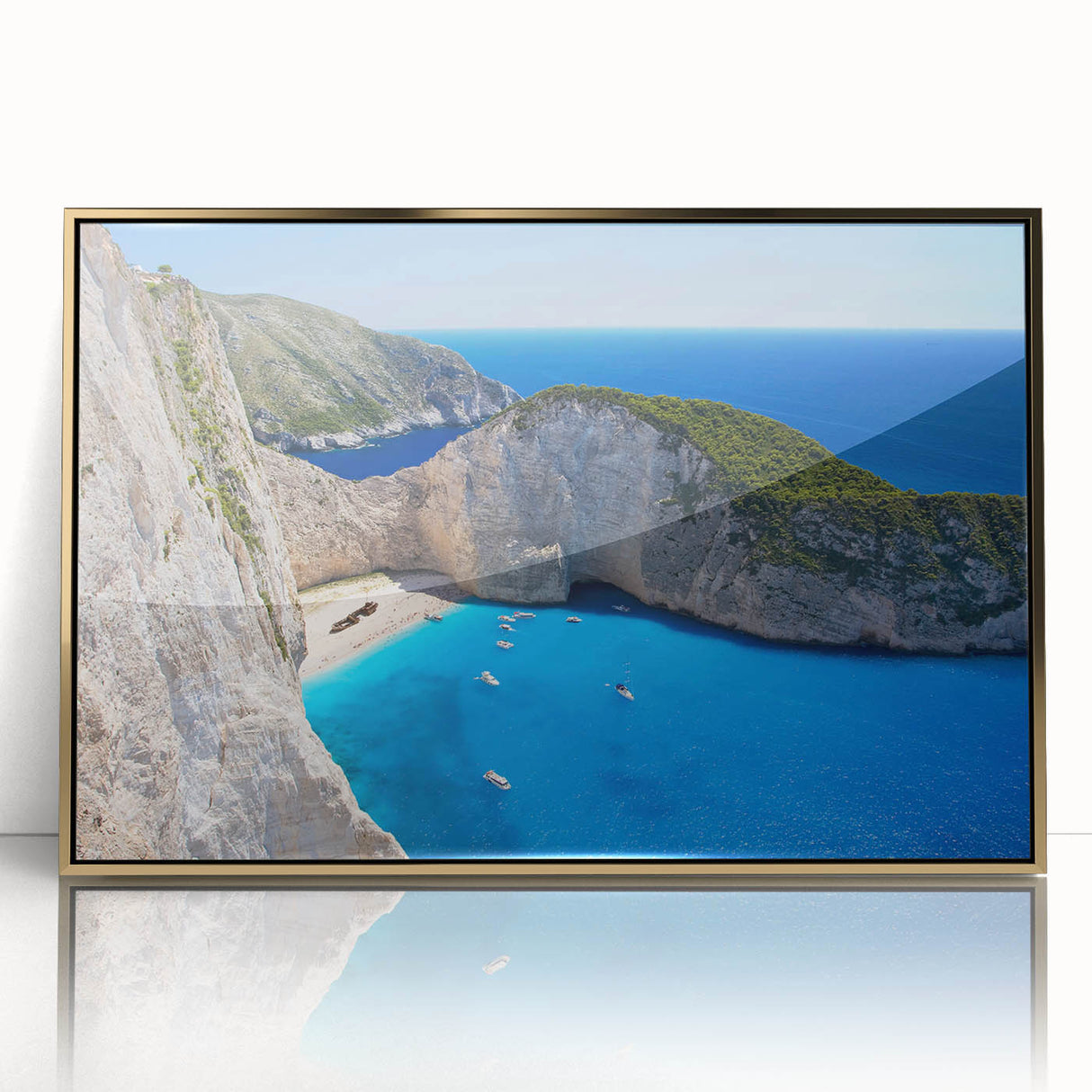 Framed wall art featuring a serene beach landscape design with vibrant colors and gold accents, perfect for enhancing modern home decor aesthetics.