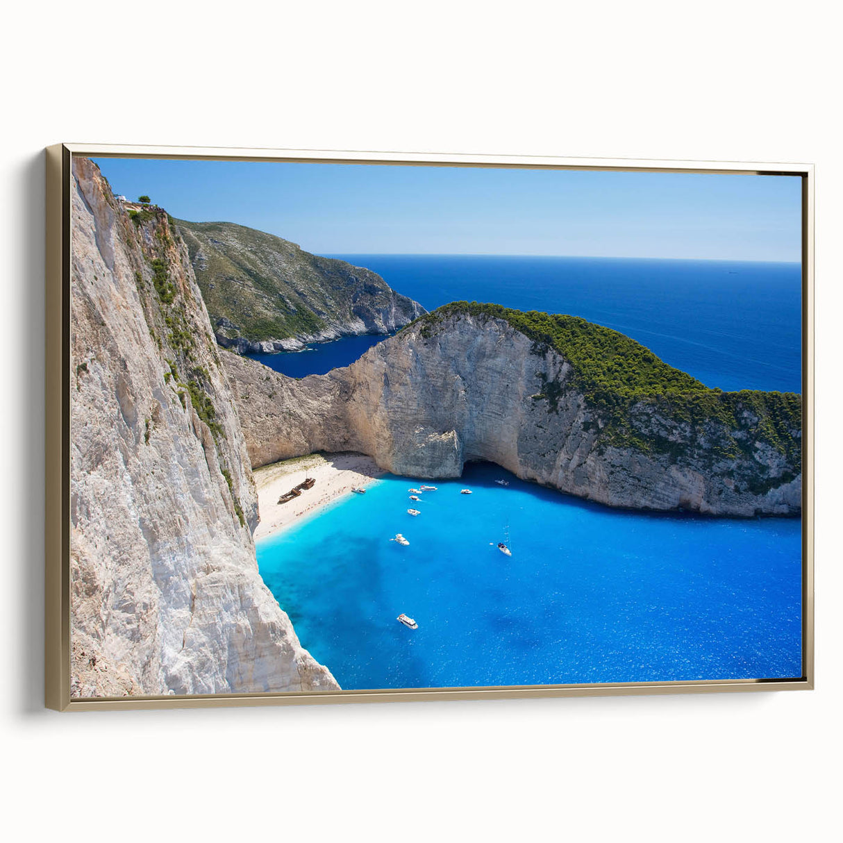 Framed canvas wall art showcasing a serene beach landscape with vibrant colors and gold accents, perfect for enhancing home decor and evoking tranquility.